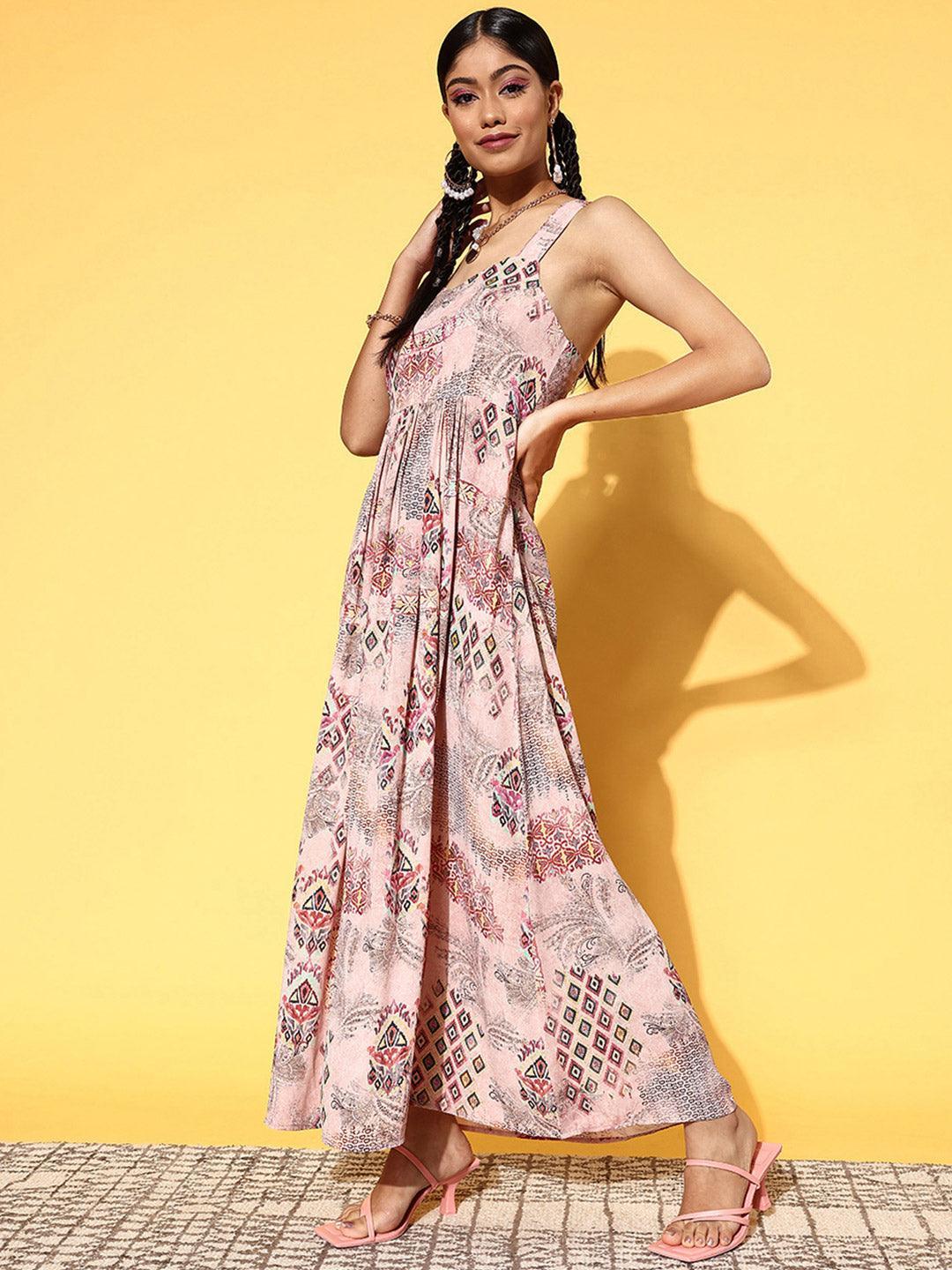 Pink Printed Georgette Fit and Flare Dress - ShopLibas