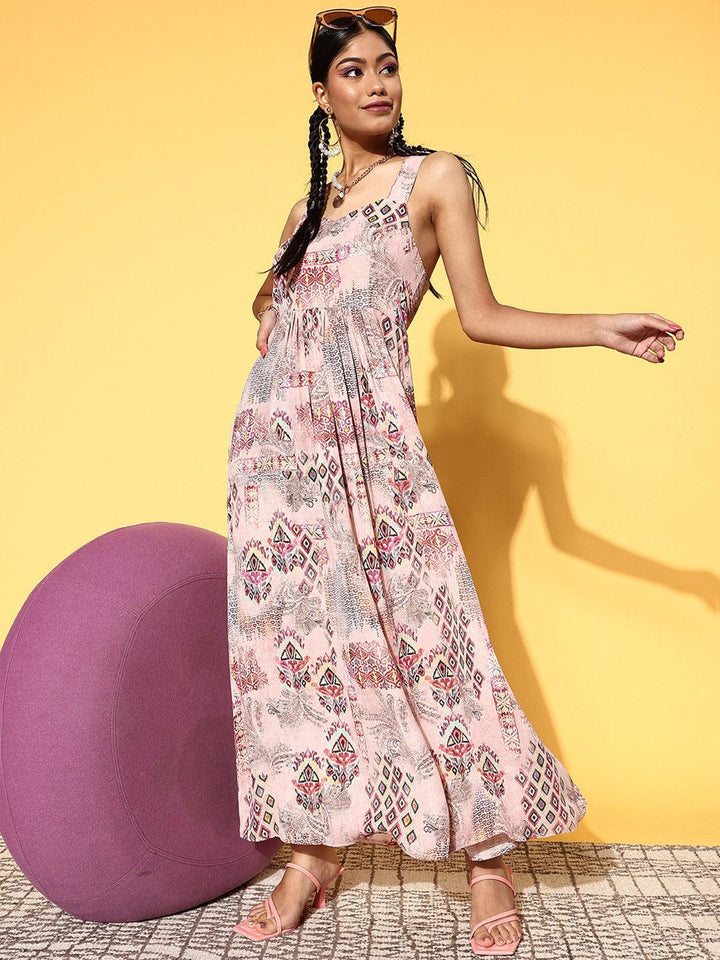 Pink Printed Georgette Fit and Flare Dress - ShopLibas