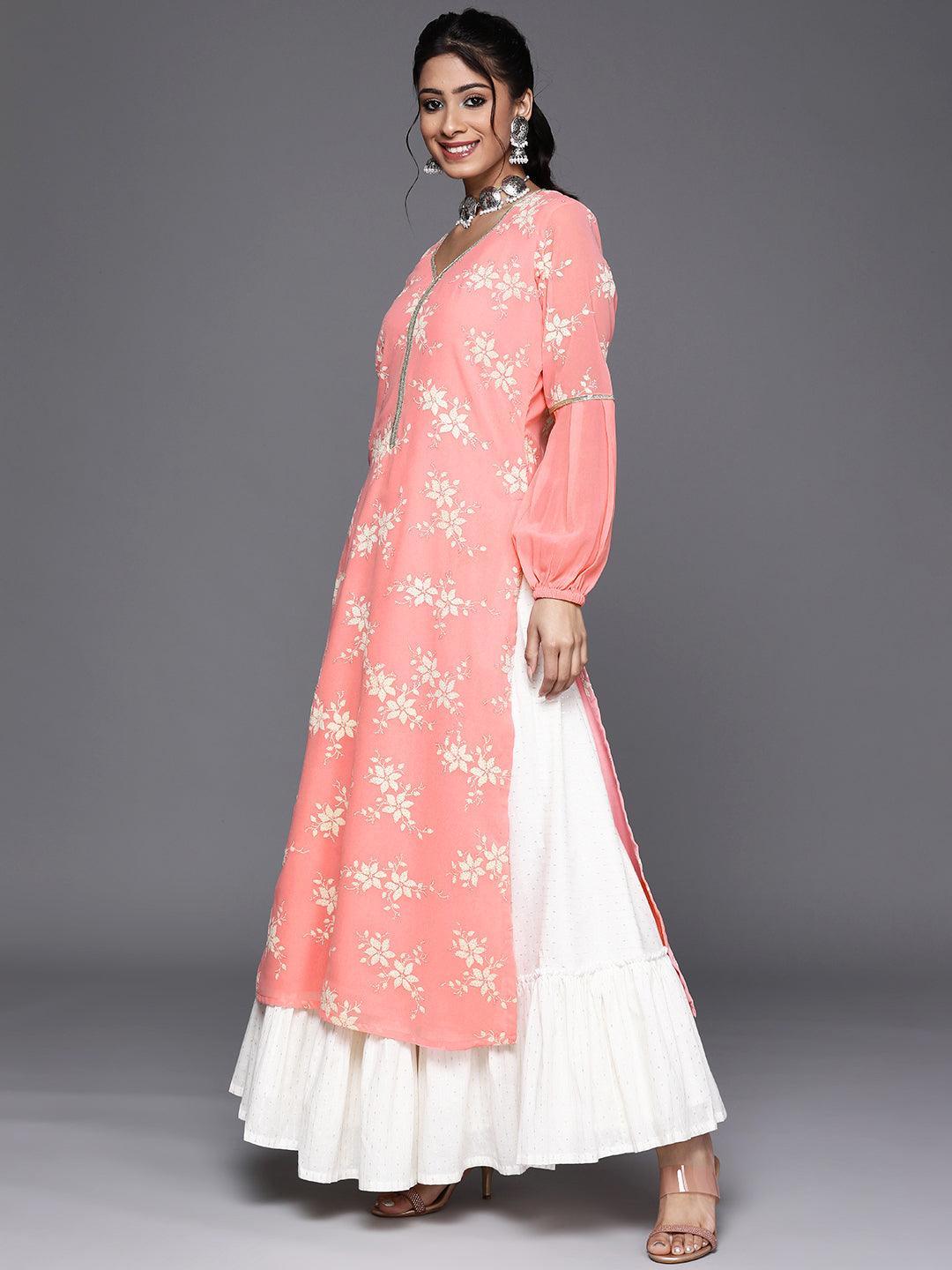 Pink Printed Georgette Kurta - Libas