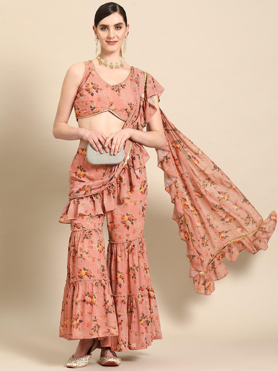 Pink Printed Georgette Palazzo Saree