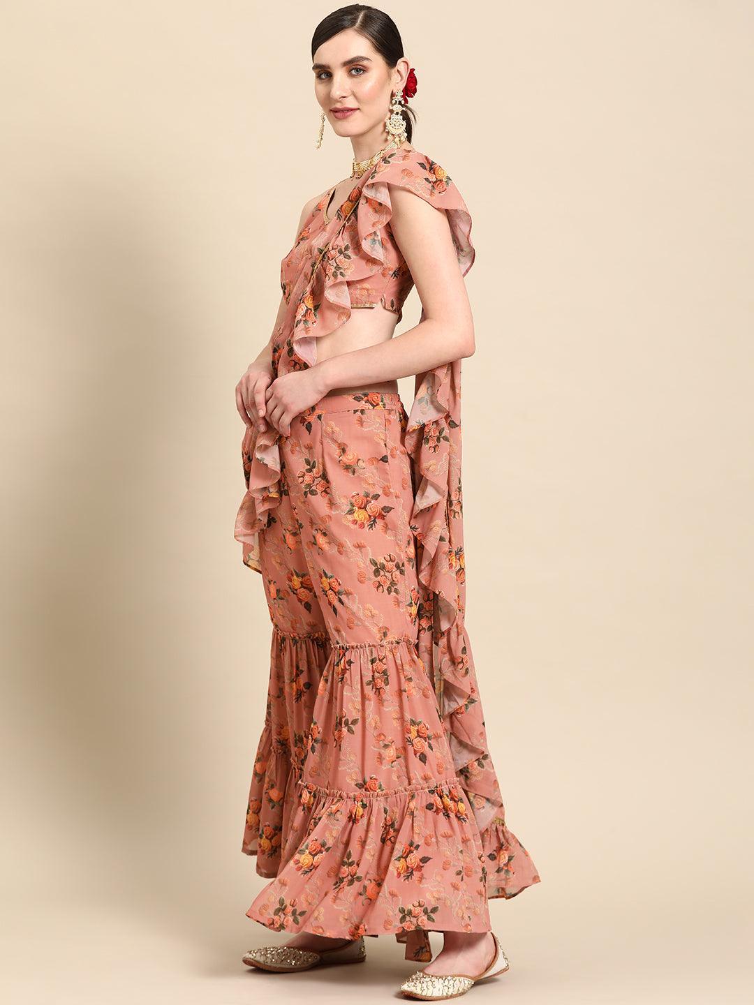 Pink Printed Georgette Palazzo Saree