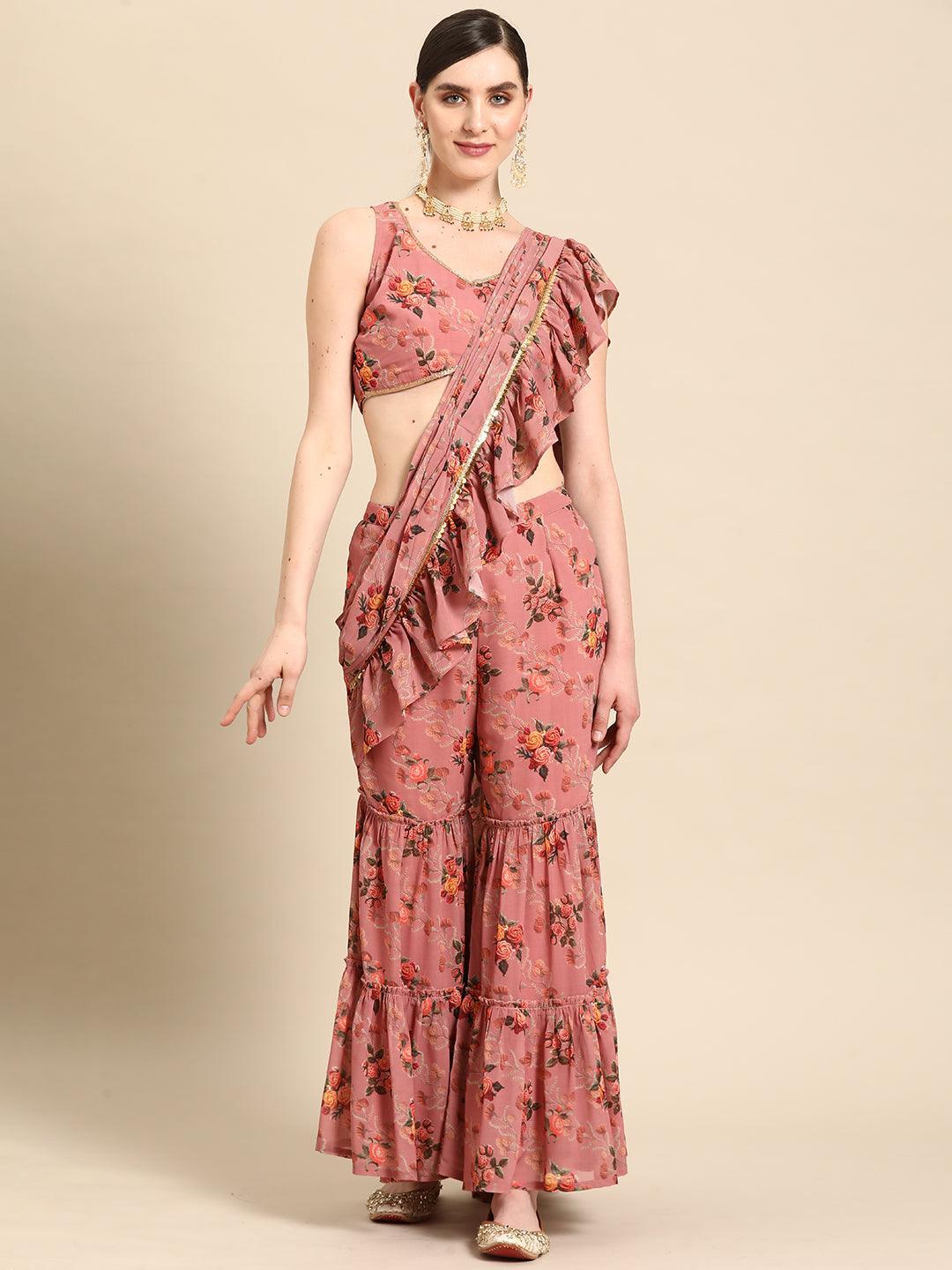 Pink Printed Georgette Palazzo Saree - Libas