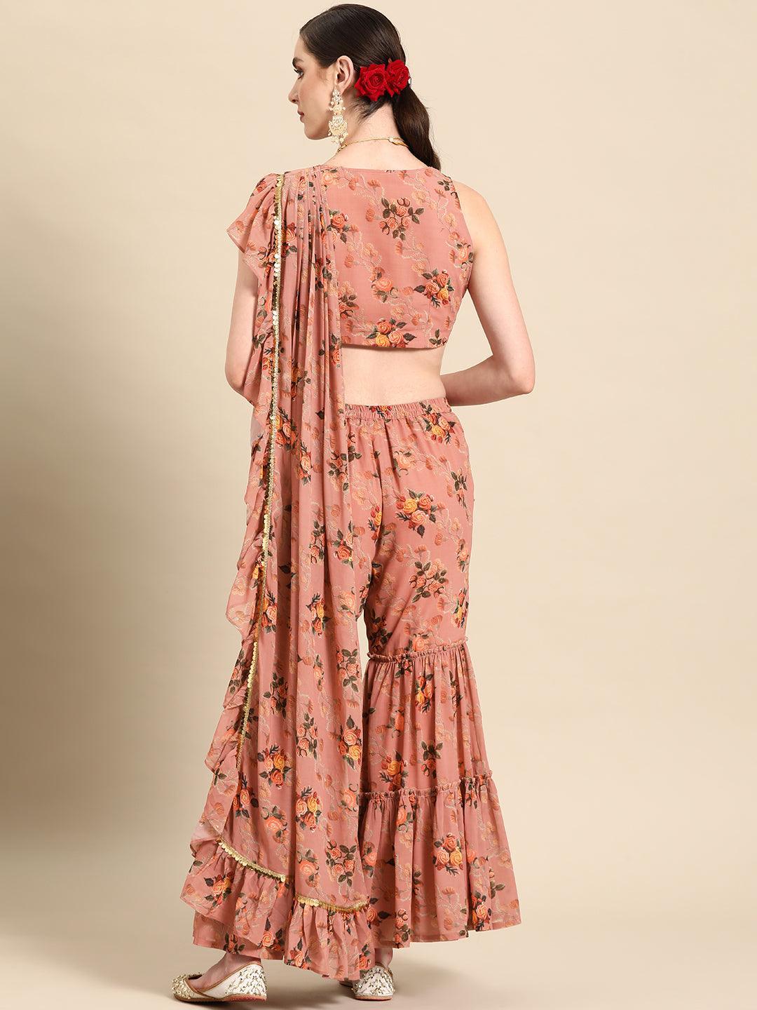 Pink Printed Georgette Palazzo Saree