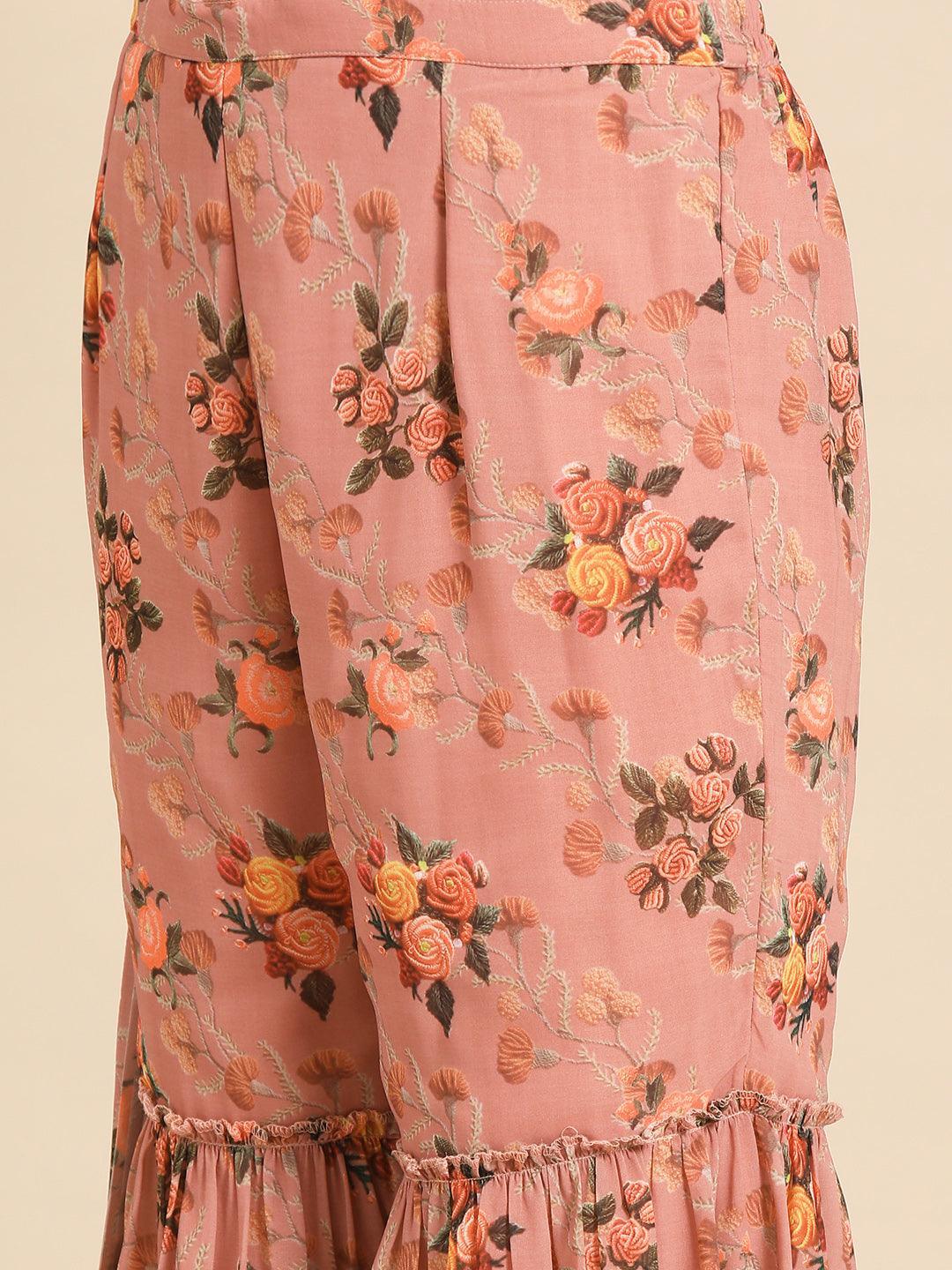 Pink Printed Georgette Palazzo Saree