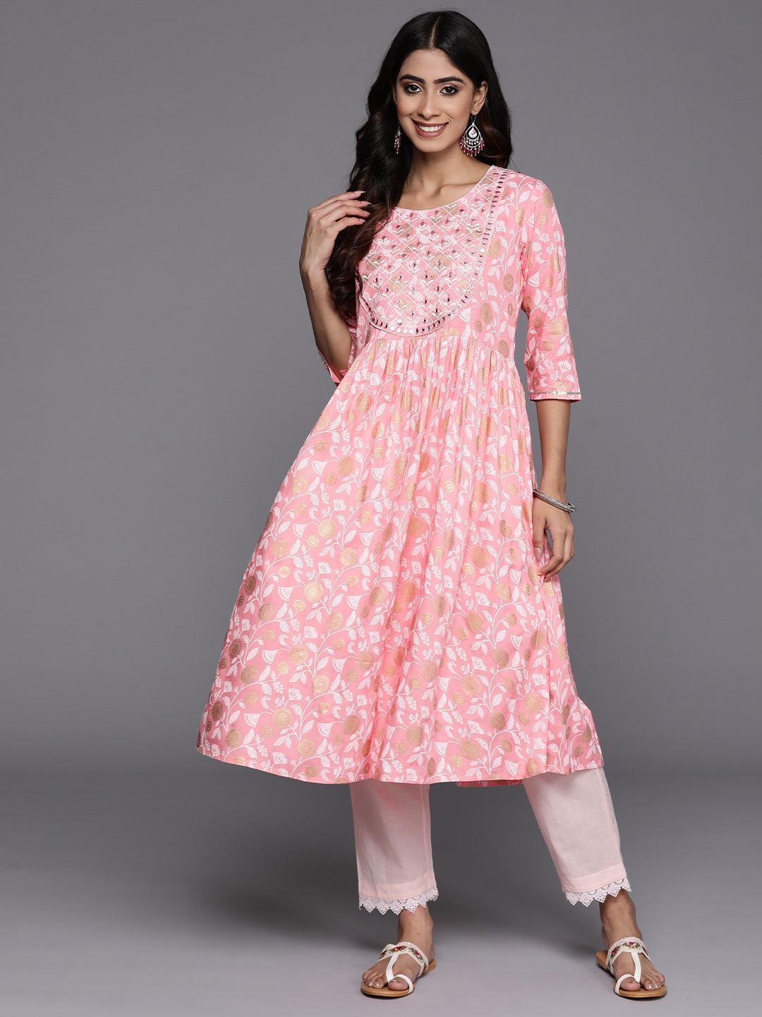 Pink Printed Rayon A-Line Kurta