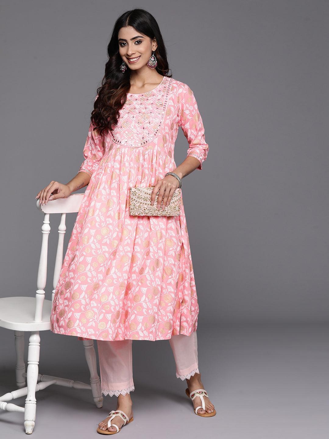 Pink Printed Rayon A-Line Kurta