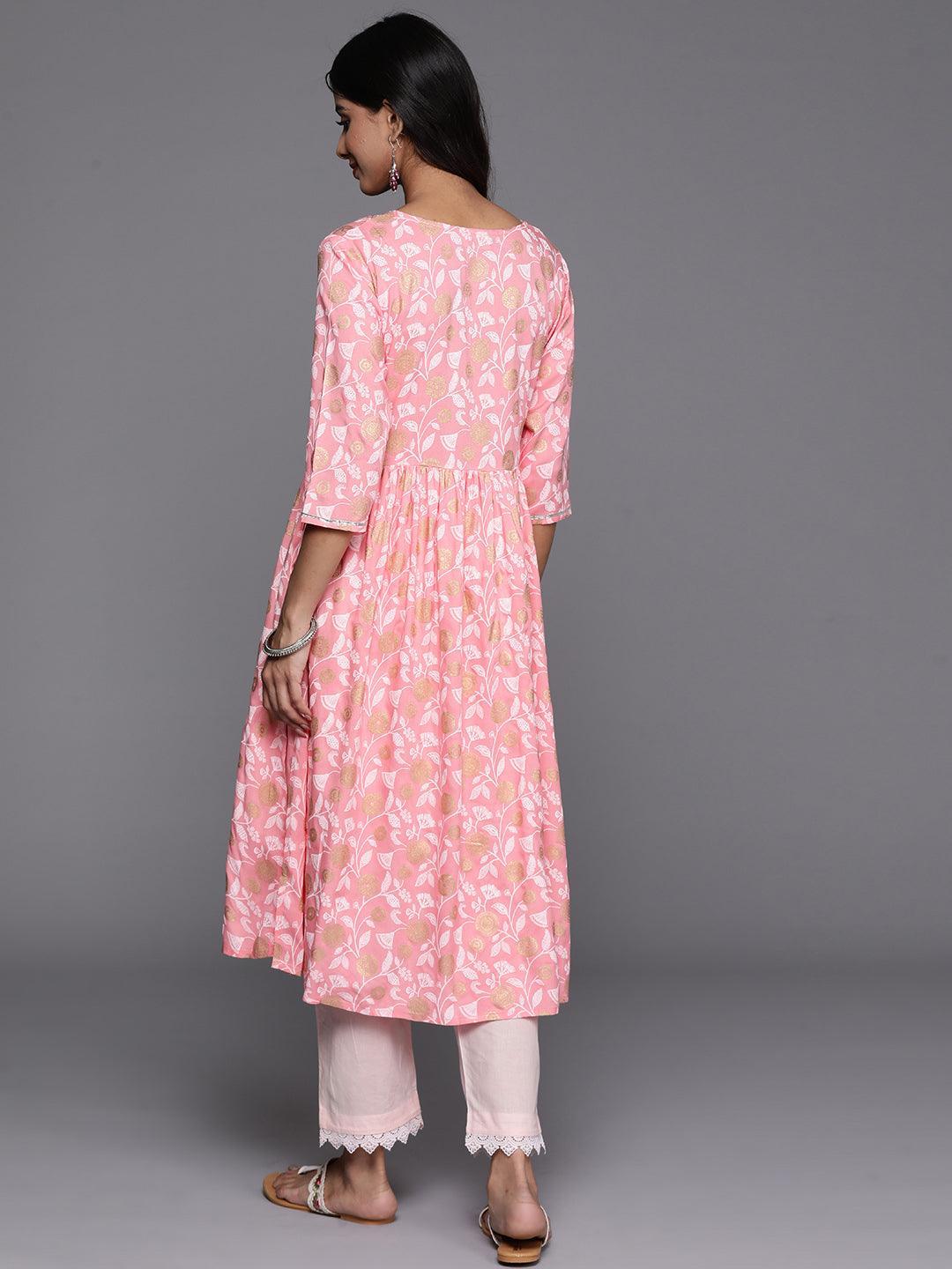 Pink Printed Rayon A-Line Kurta