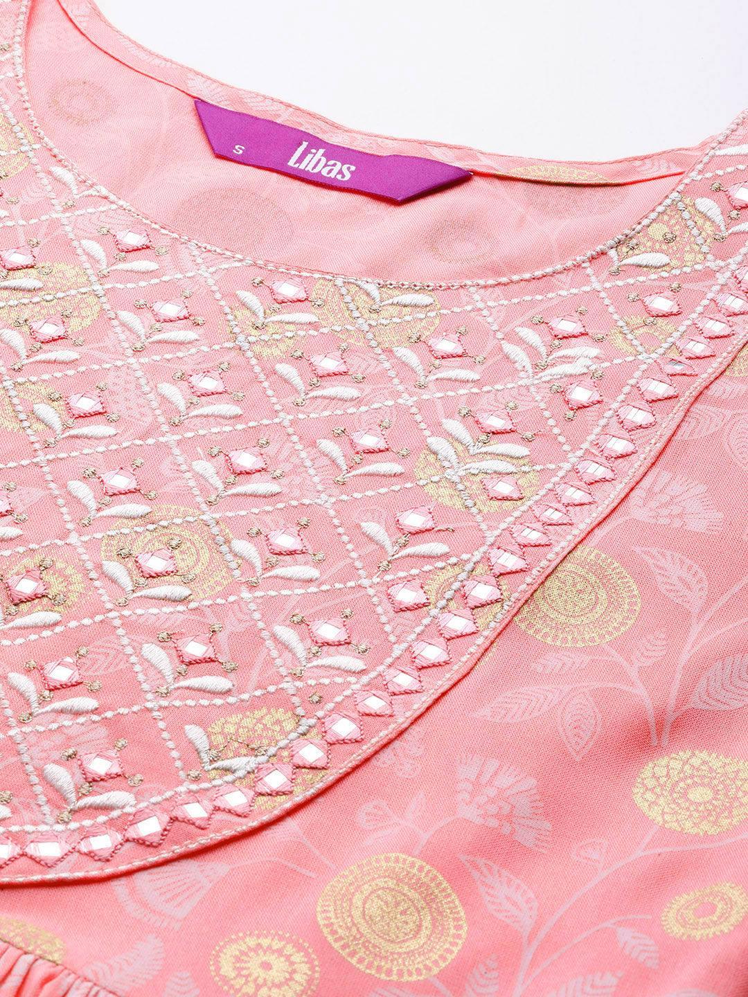 Pink Printed Rayon A-Line Kurta