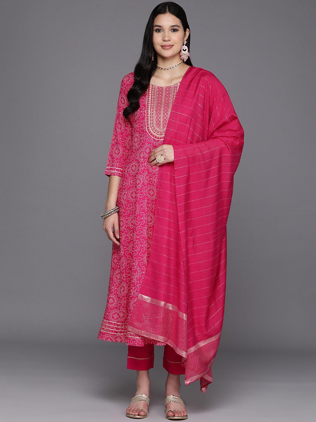 Pink Printed Rayon A-Line Kurta With Trousers & Dupatta