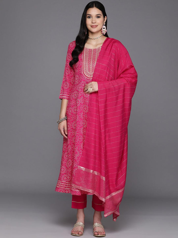 Pink Printed Rayon A-Line Kurta With Trousers & Dupatta - Libas