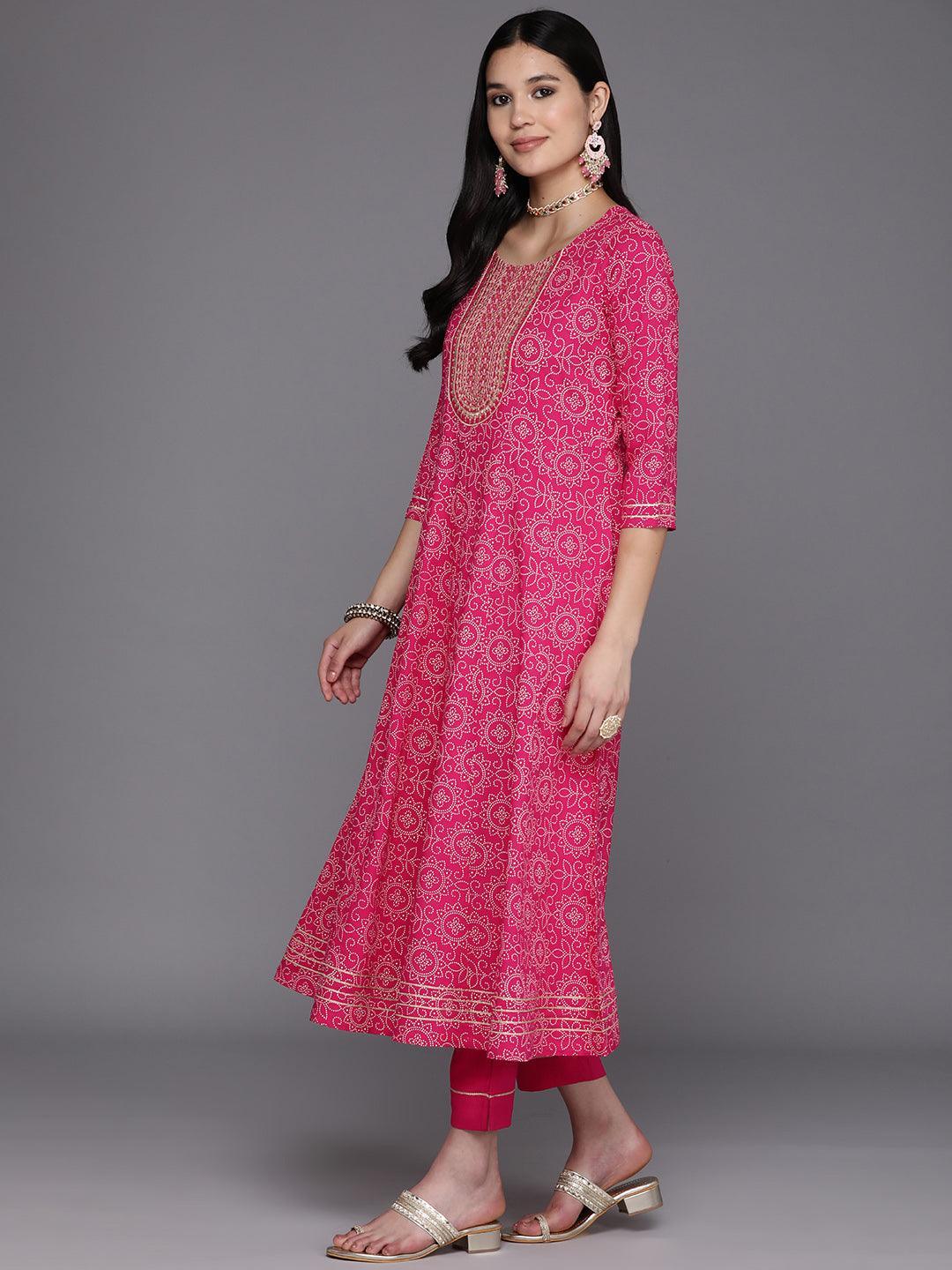 Pink Printed Rayon A-Line Kurta With Trousers & Dupatta