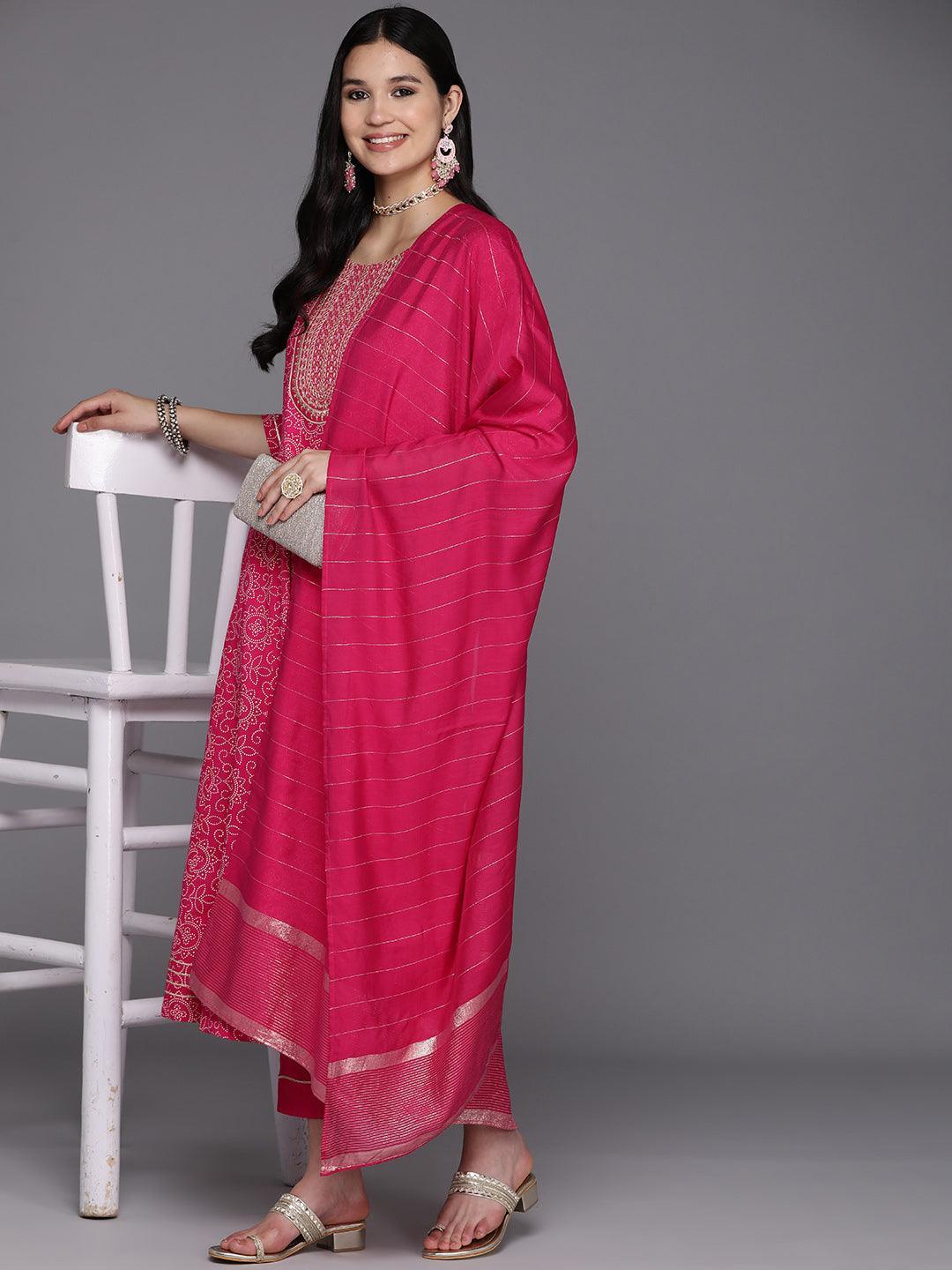 Pink Printed Rayon A-Line Kurta With Trousers & Dupatta