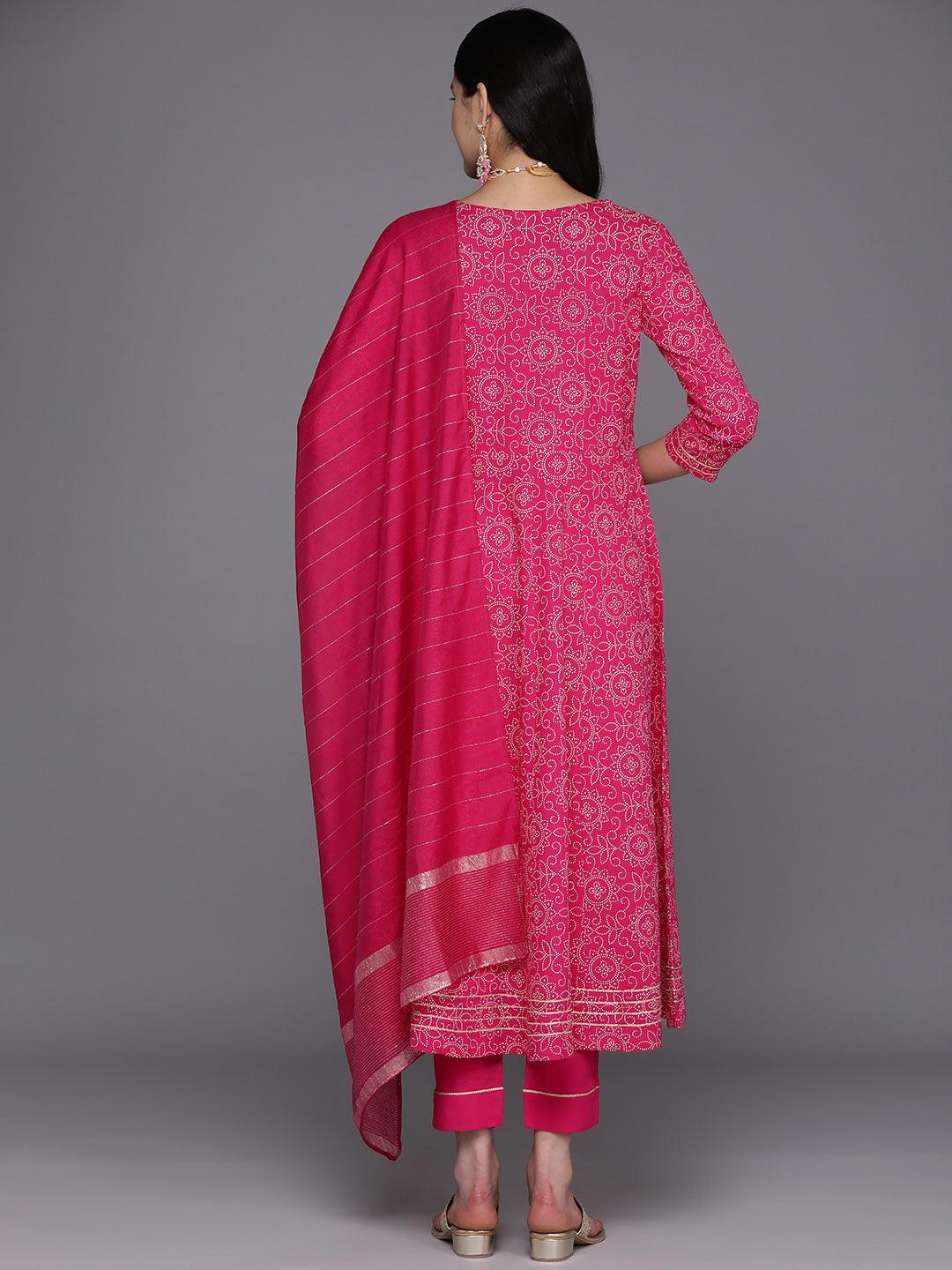 Pink Printed Rayon A-Line Kurta With Trousers & Dupatta