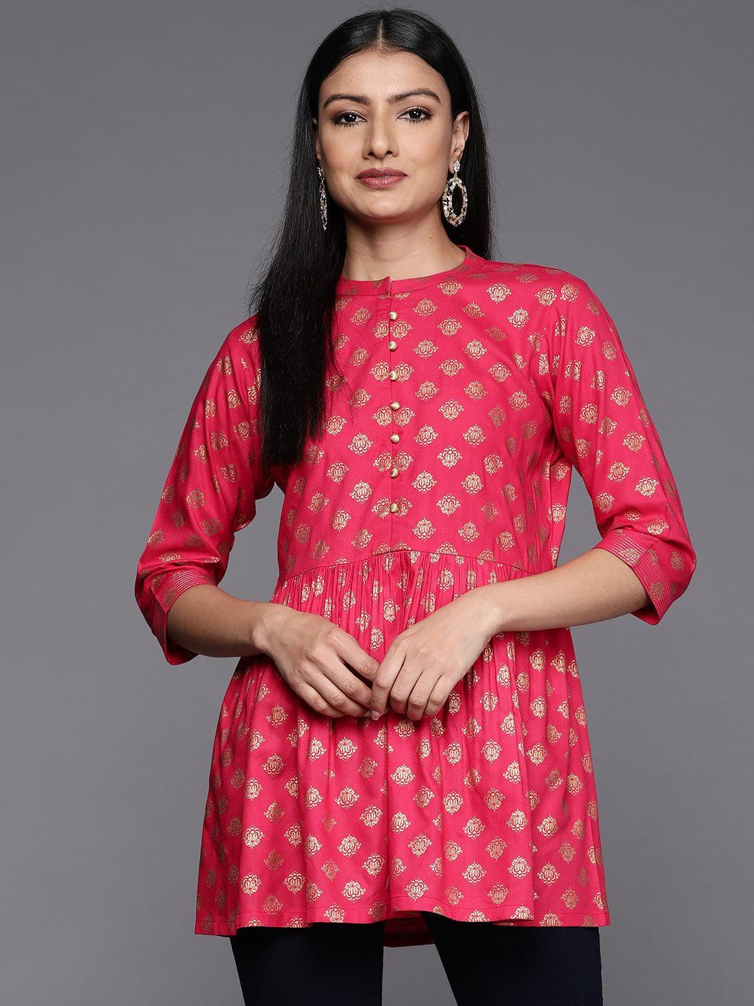 Pink Printed Rayon A-Line Kurti