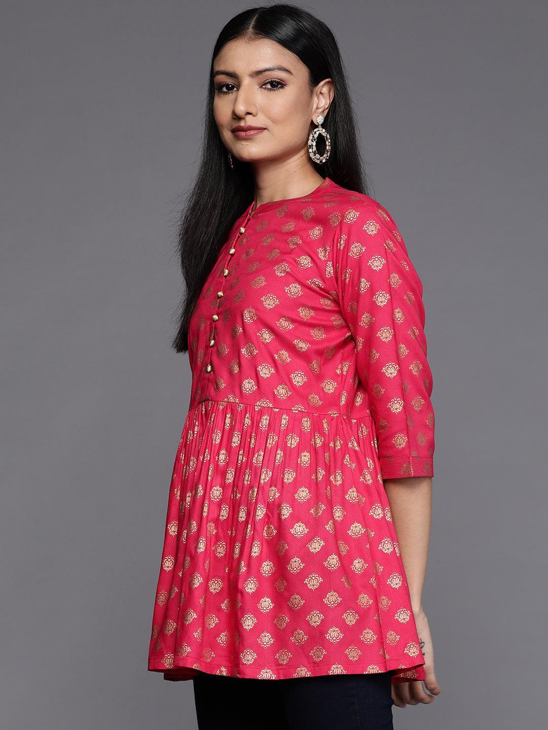 Pink Printed Rayon A-Line Kurti