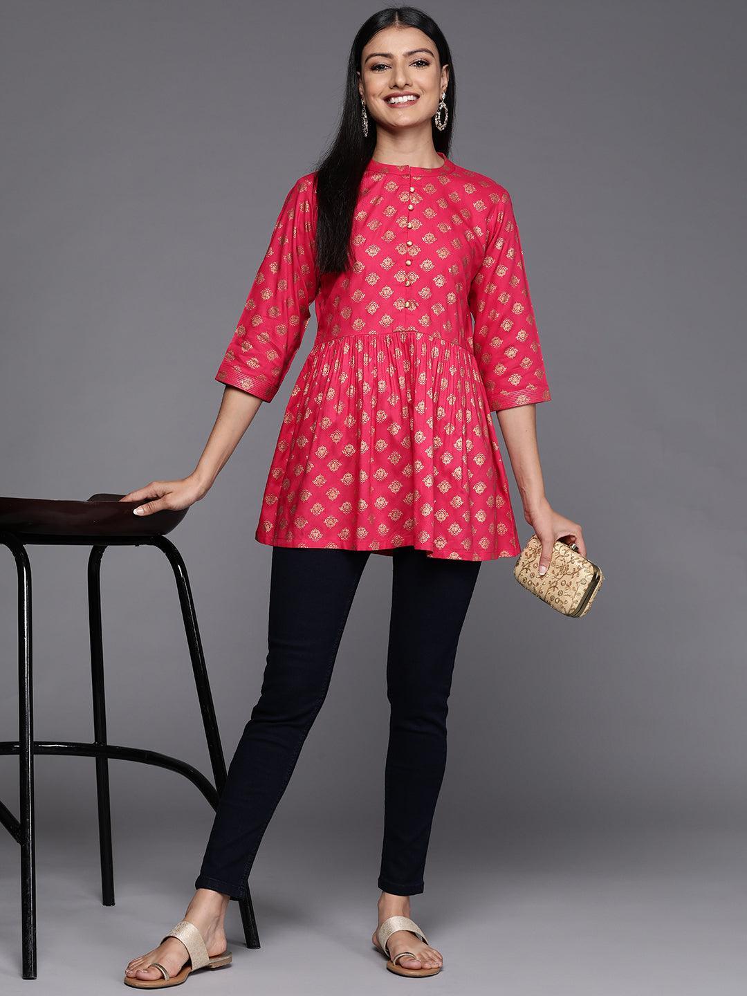 Pink Printed Rayon A-Line Kurti