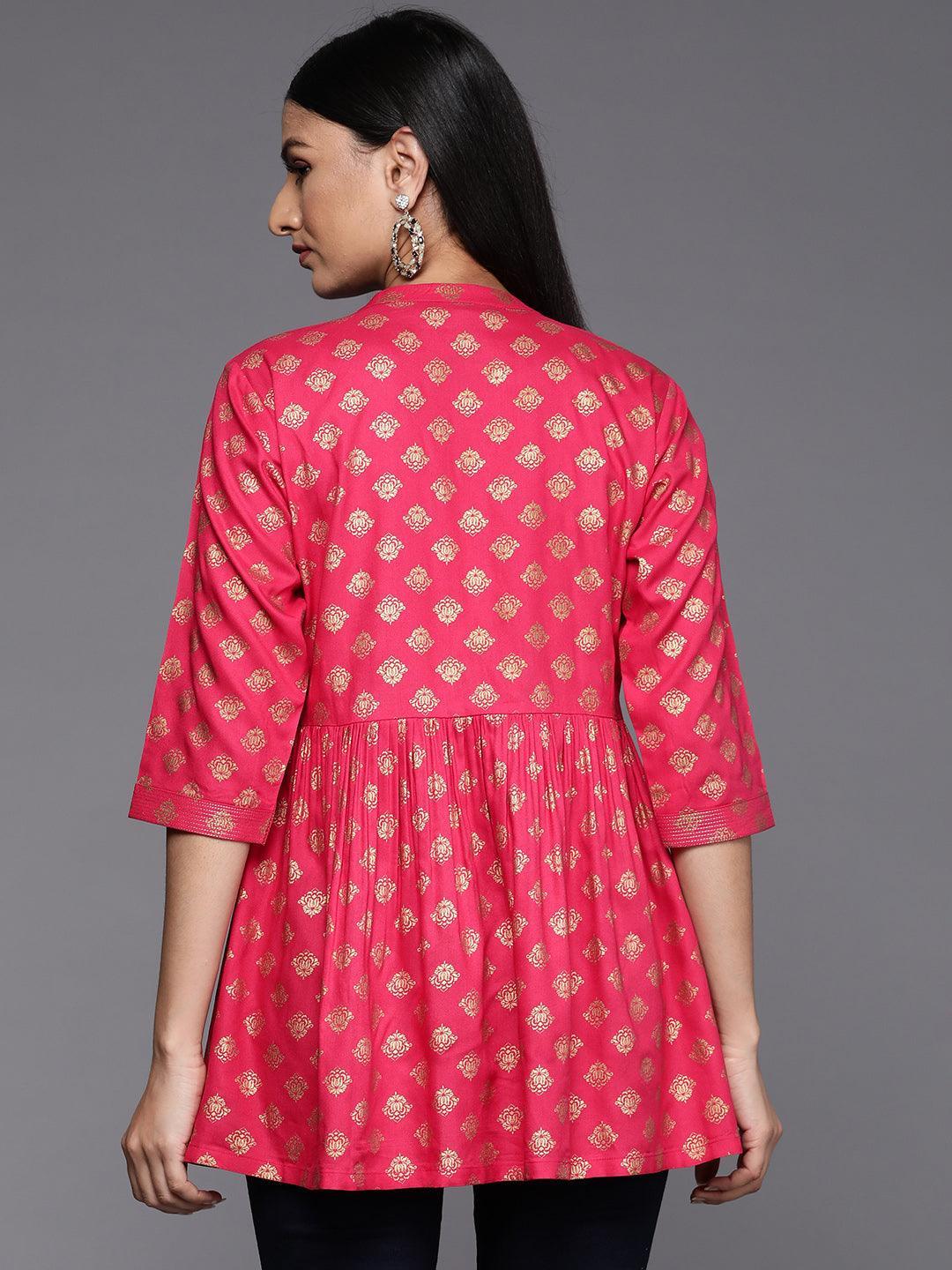 Pink Printed Rayon A-Line Kurti