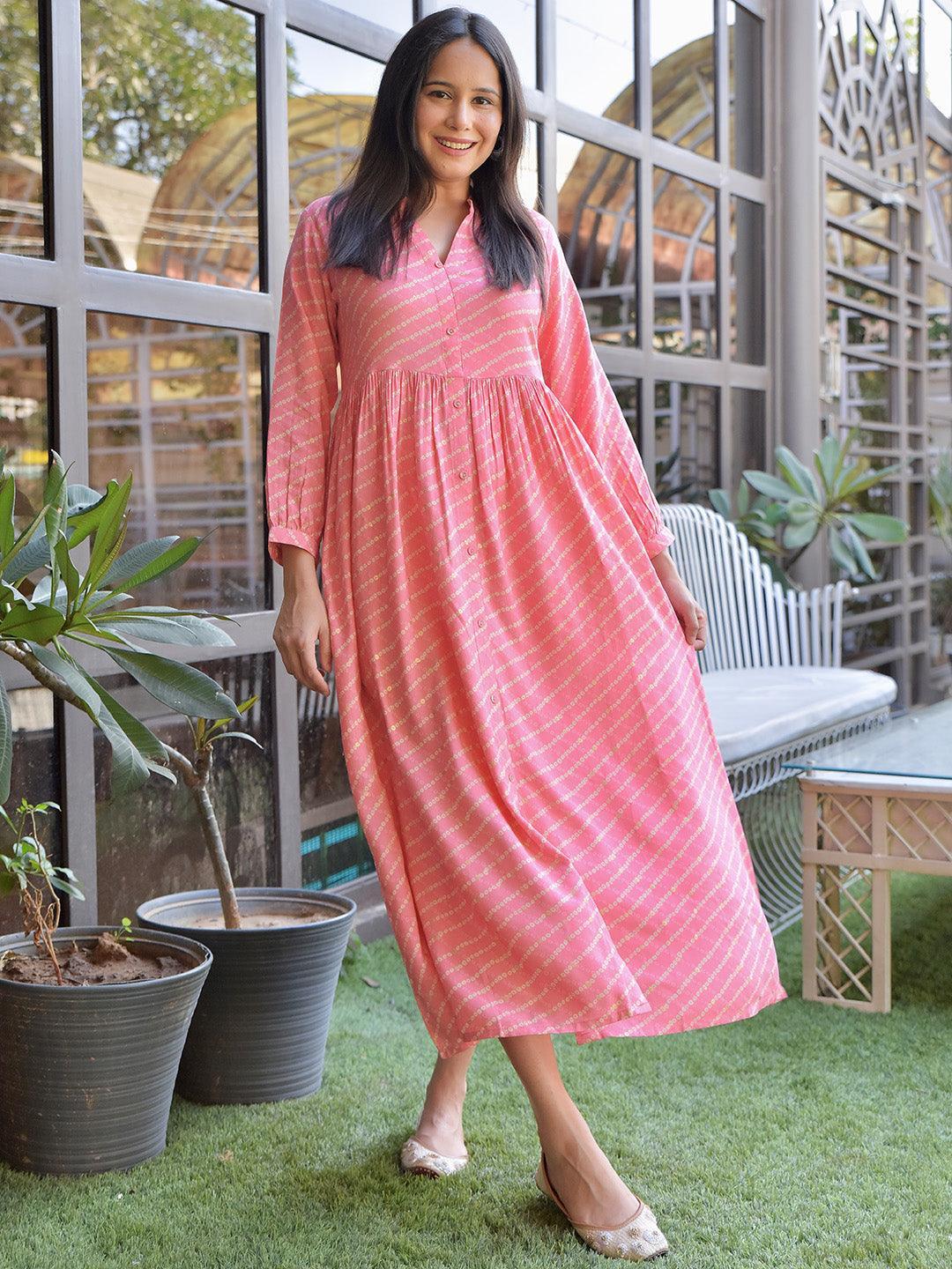 Pink Printed Rayon Fit and Flare Dress