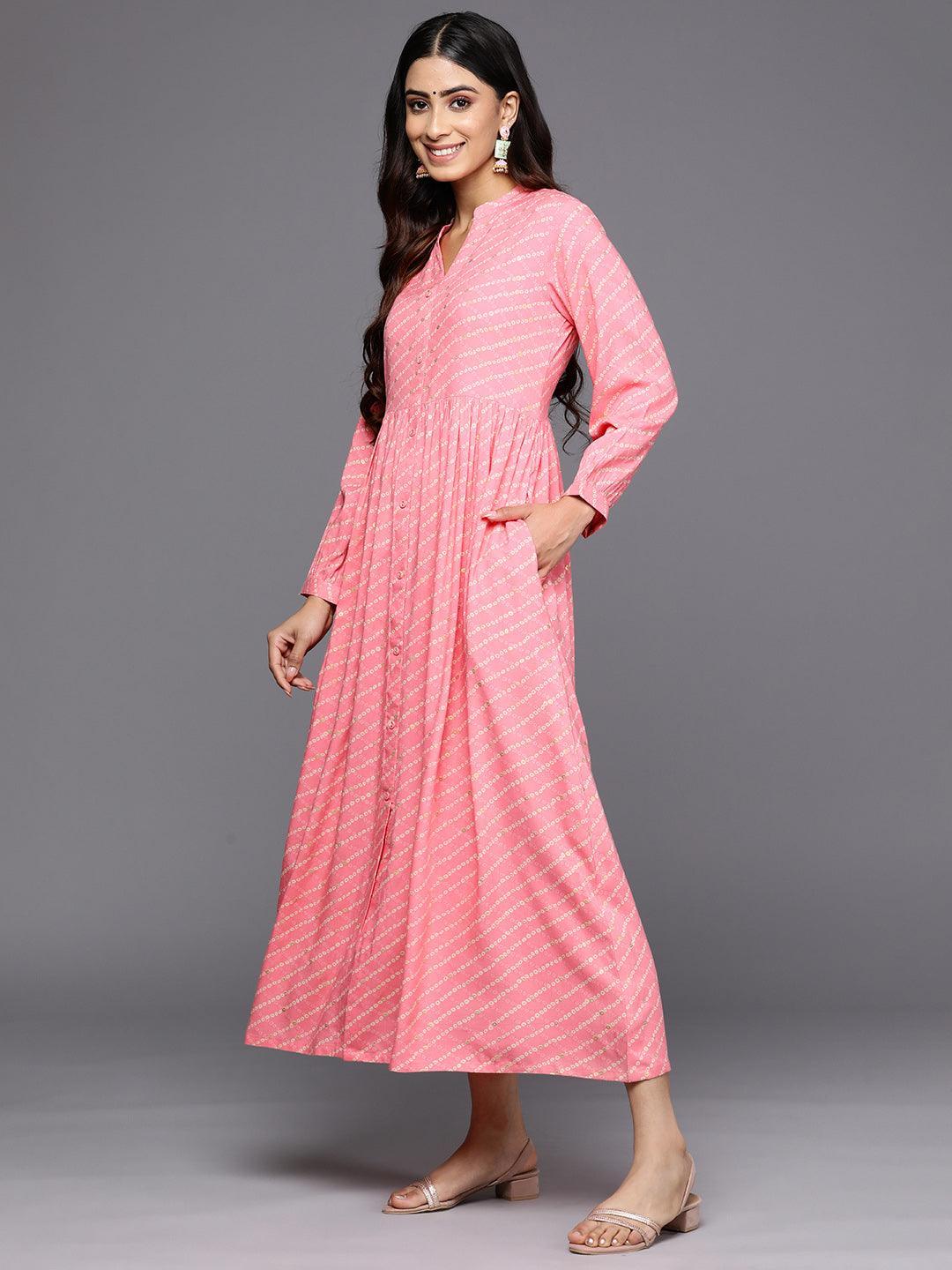 Pink Printed Rayon Fit and Flare Dress