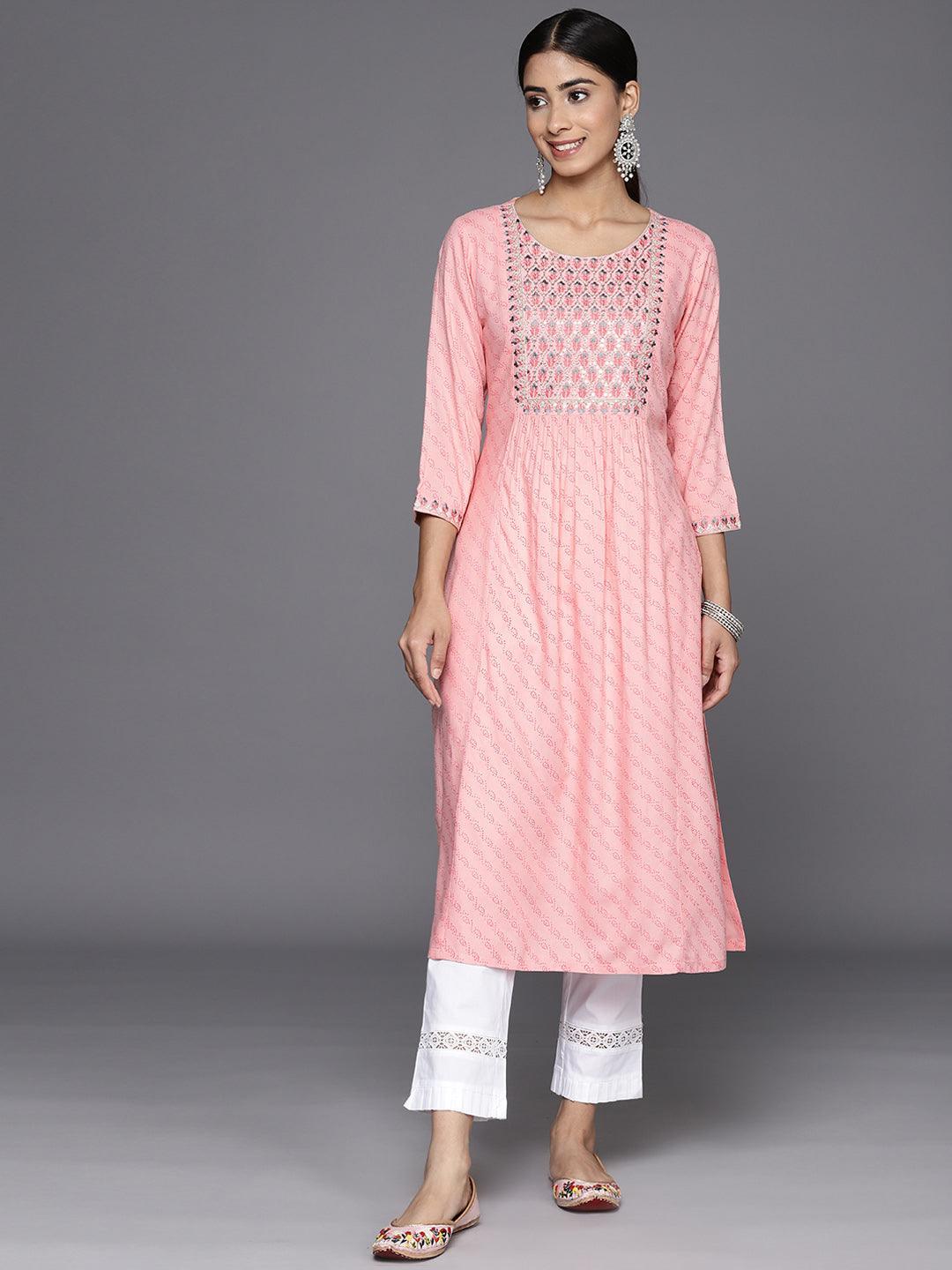 Pink Printed Rayon Straight Kurta