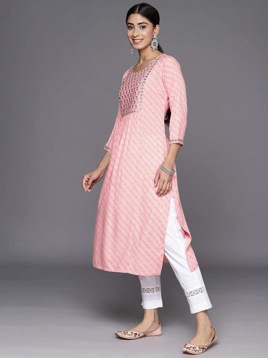 Pink Printed Rayon Straight Kurta