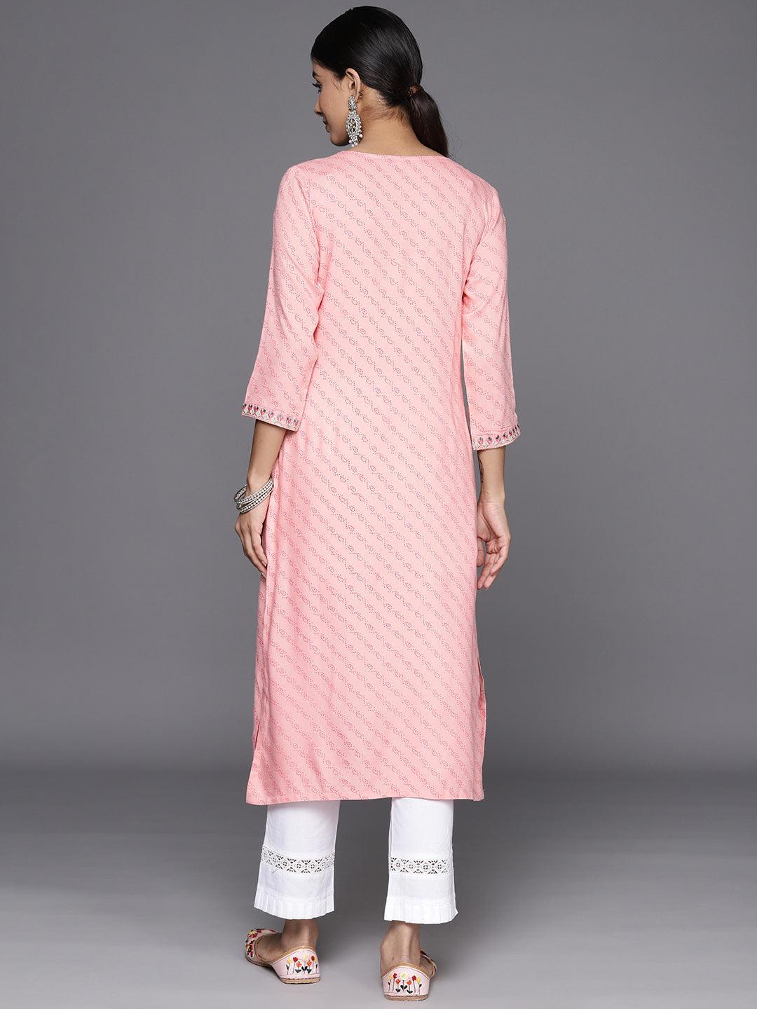 Pink Printed Rayon Straight Kurta