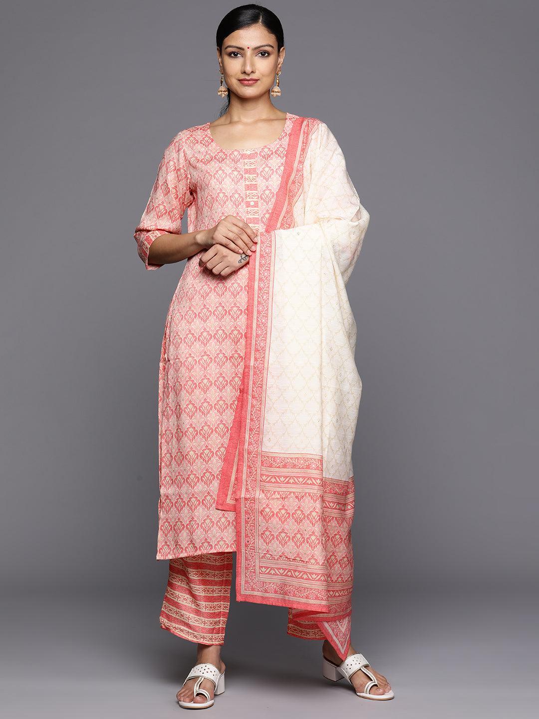 Pink Printed Rayon Straight Kurta With Trousers & Dupatta - Libas