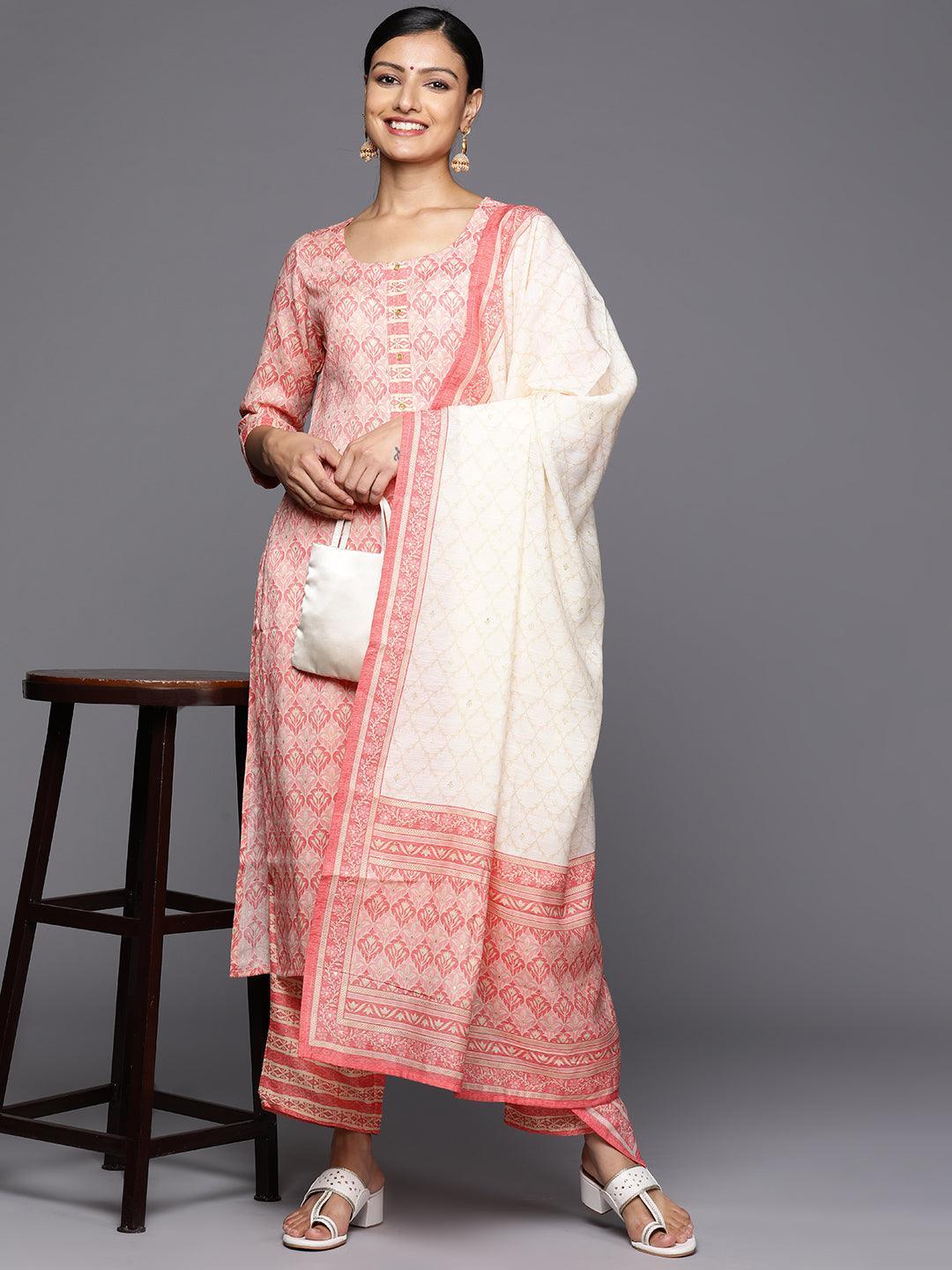 Pink Printed Rayon Straight Kurta With Trousers & Dupatta