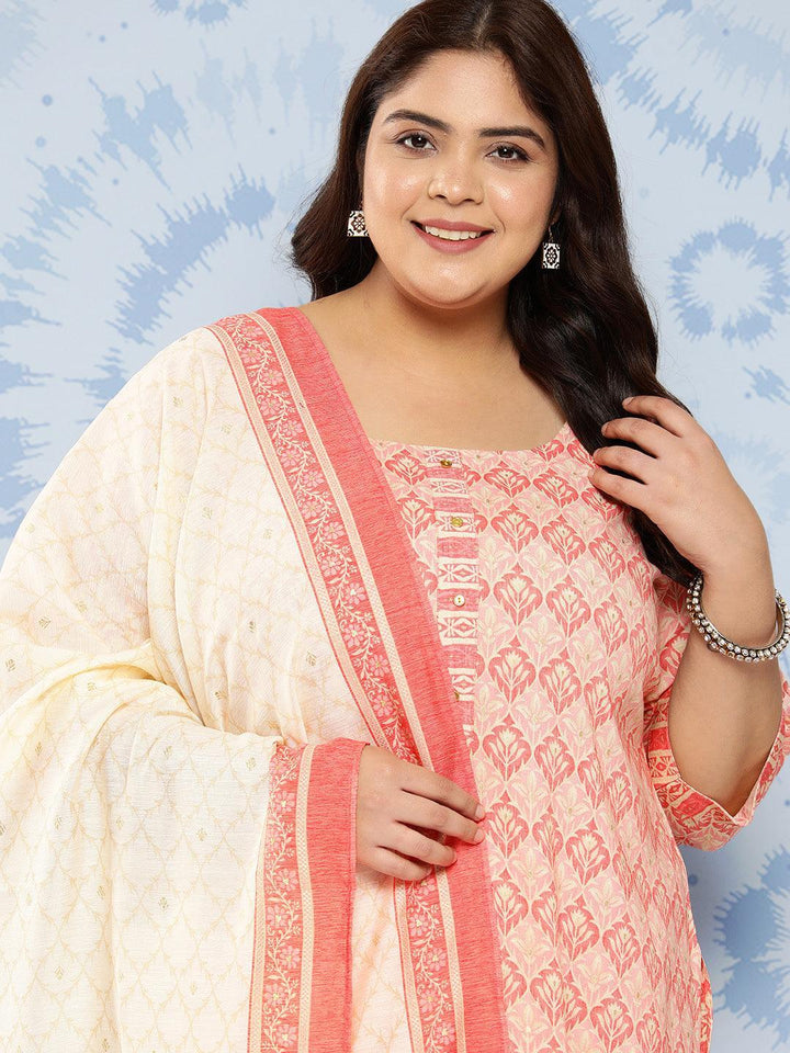 Pink Printed Rayon Straight Kurta With Trousers and Dupatta - Libas