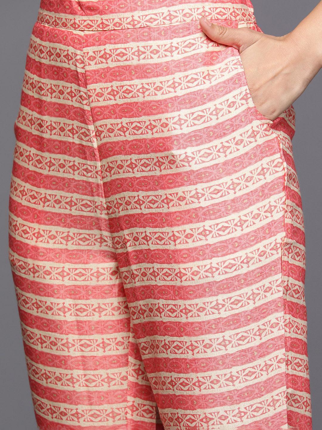 Pink Printed Rayon Straight Kurta With Trousers & Dupatta - Libas