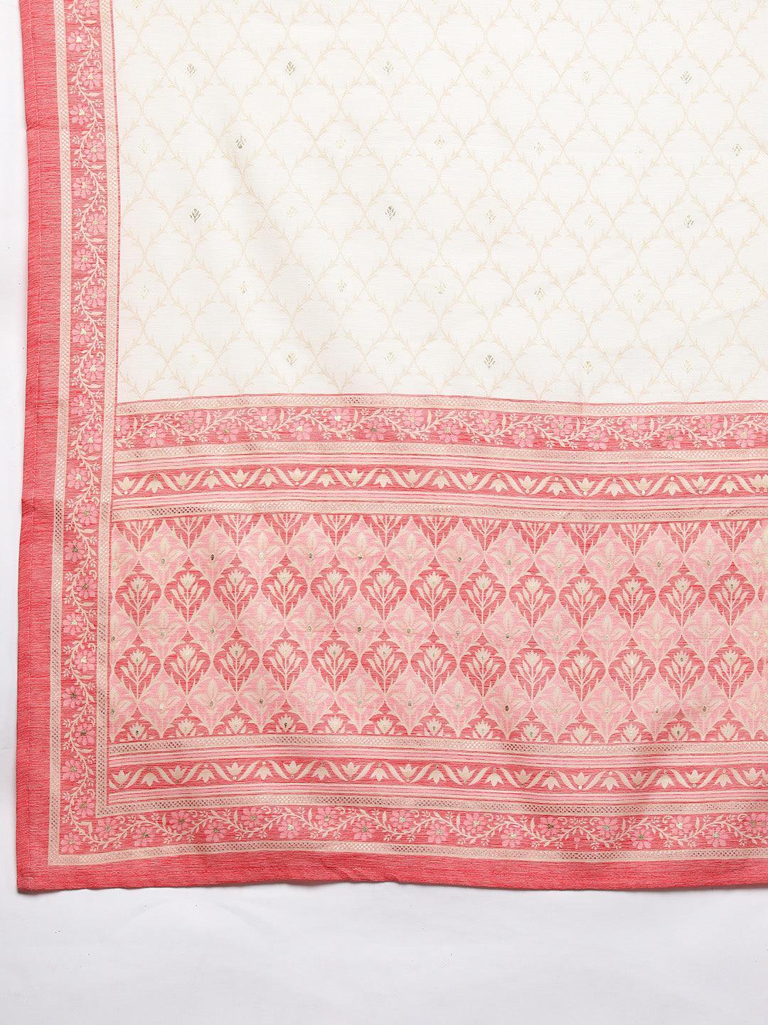 Pink Printed Rayon Straight Kurta With Trousers & Dupatta