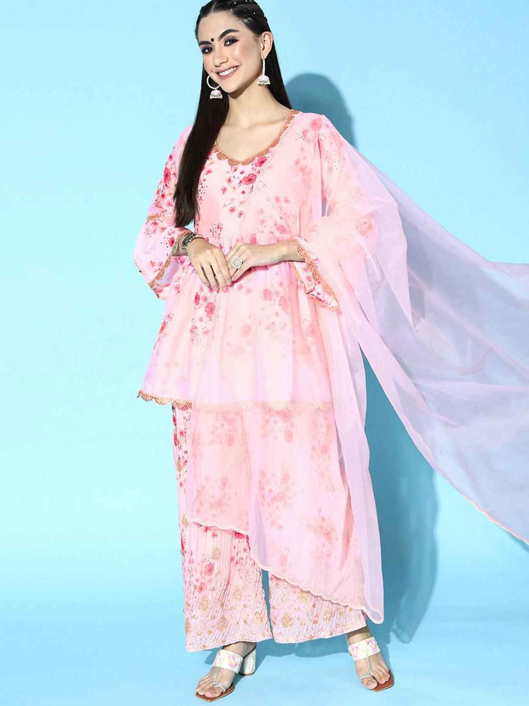 Pink Printed Satin Anarkali Suit Set