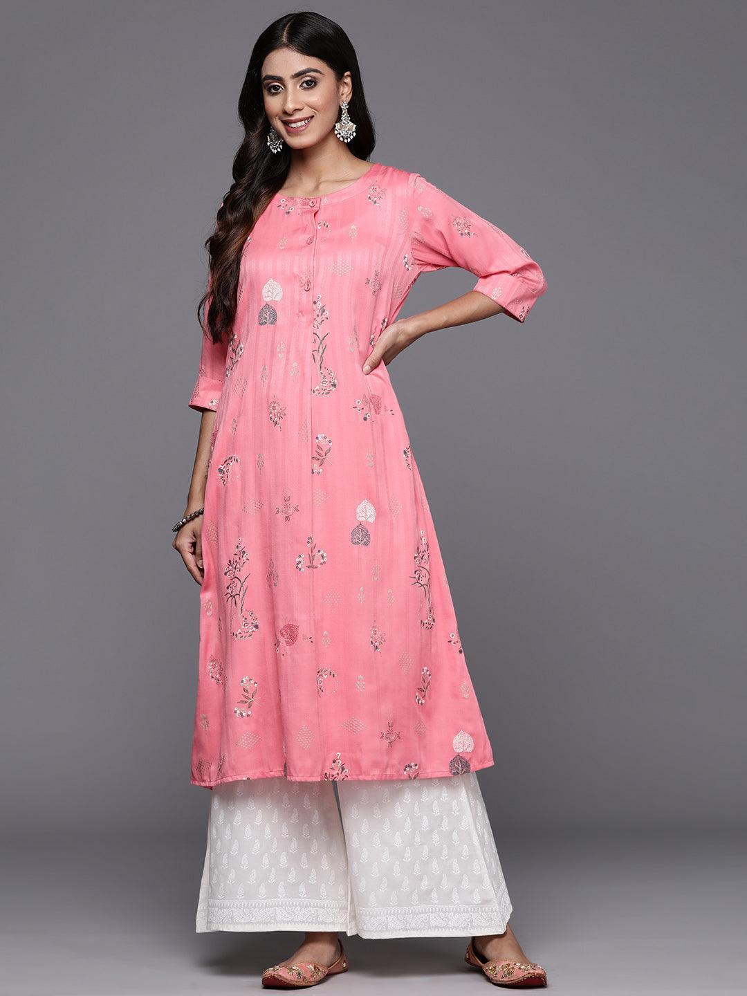 Pink Printed Silk A-Line Kurta