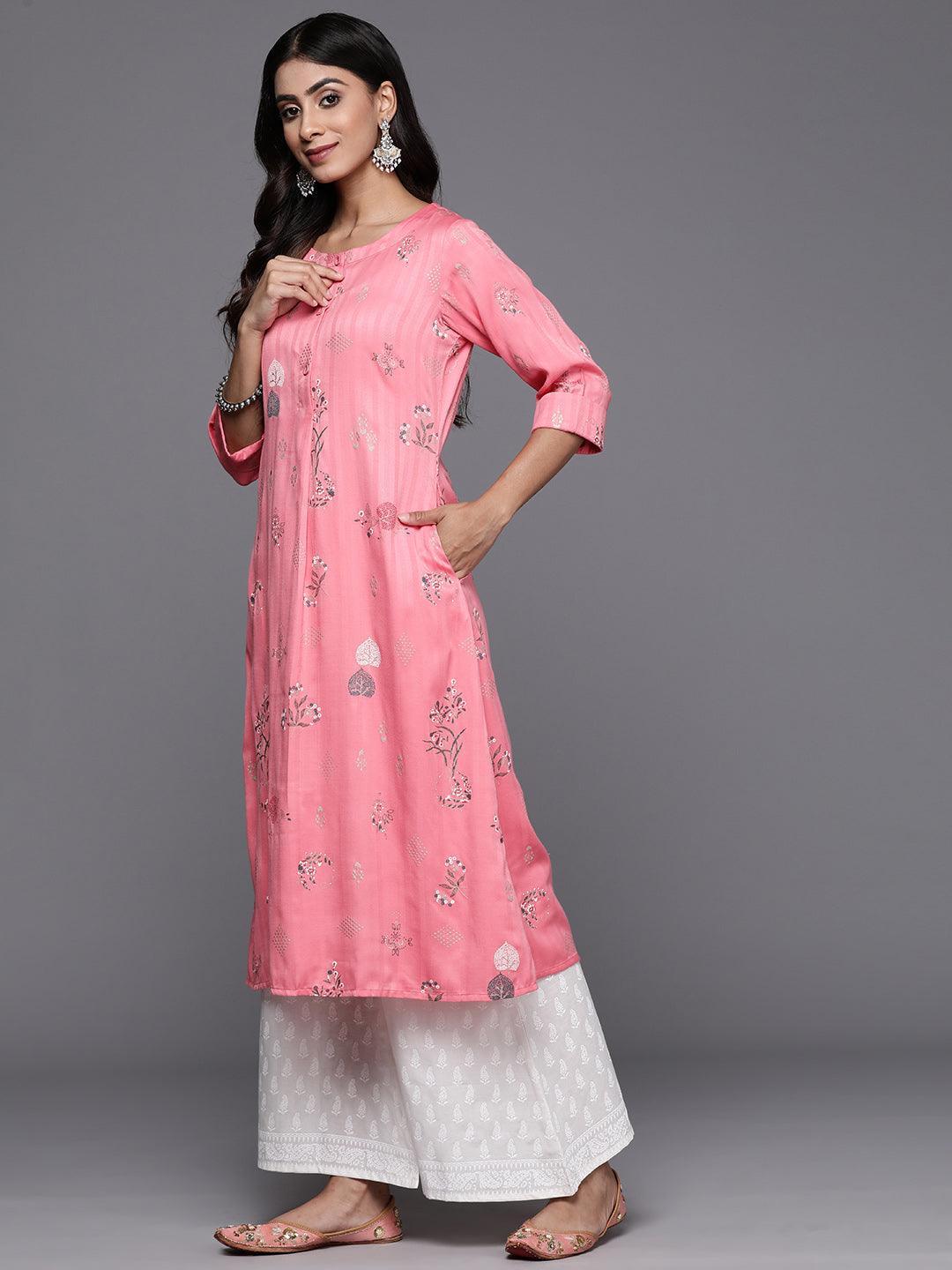 Pink Printed Silk A-Line Kurta