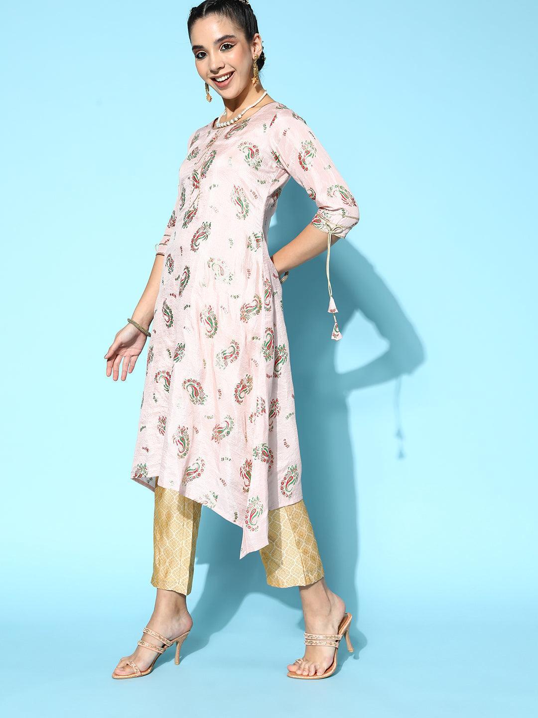 Pink Printed Silk A-Line Kurta