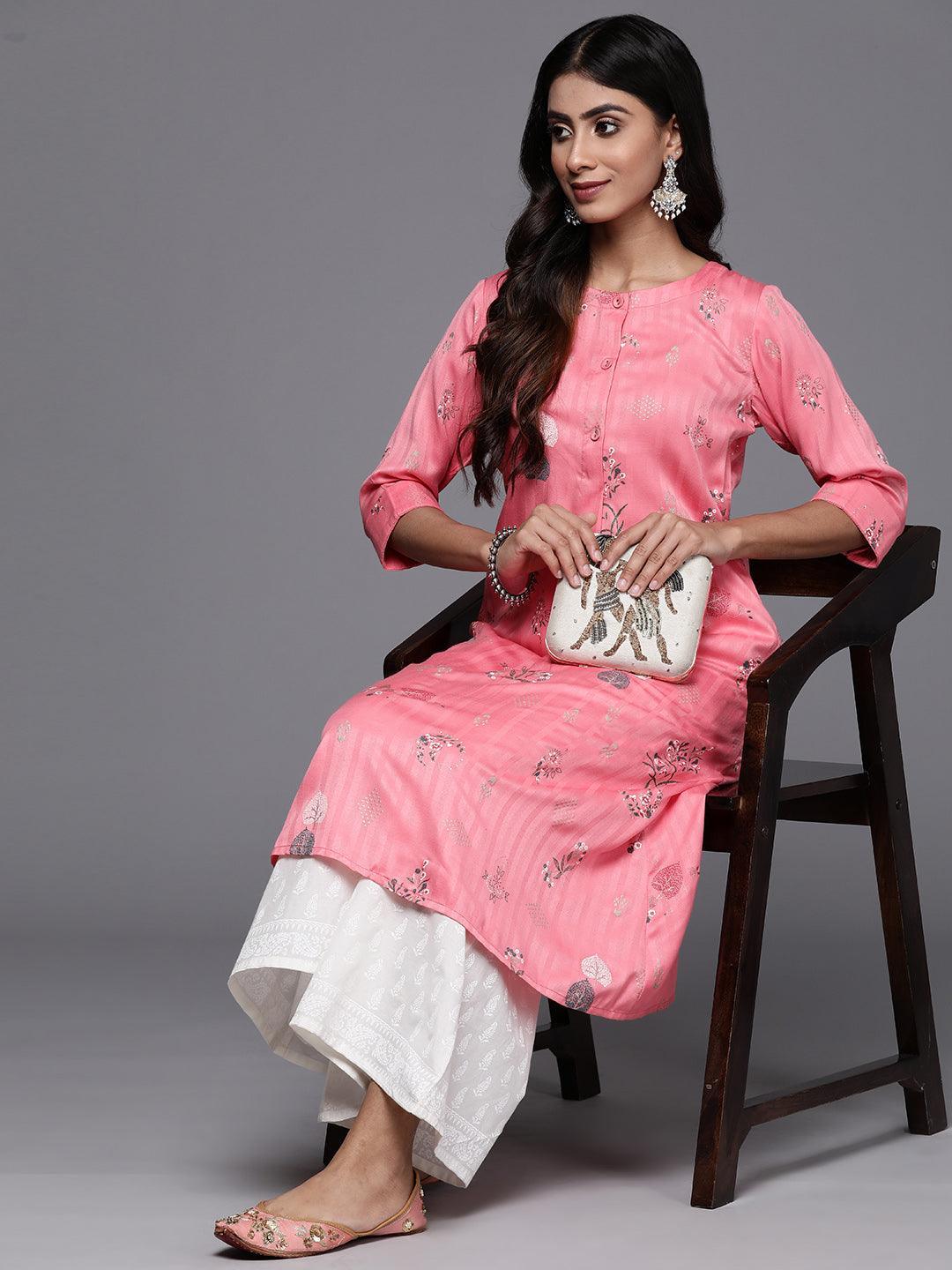 Pink Printed Silk A-Line Kurta