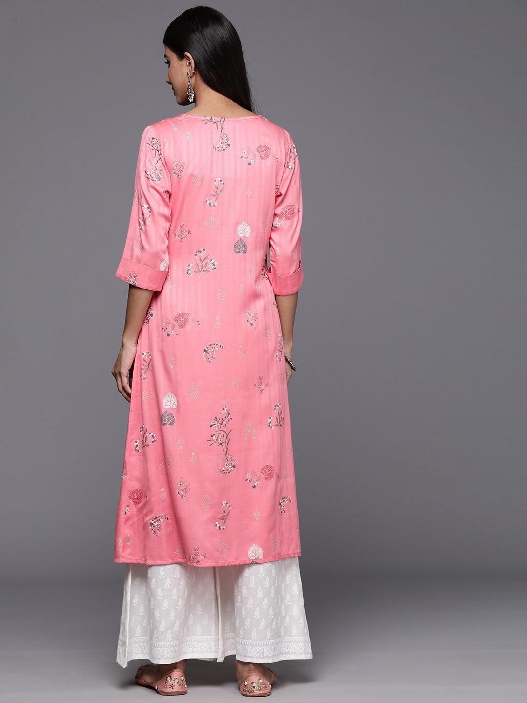 Pink Printed Silk A-Line Kurta