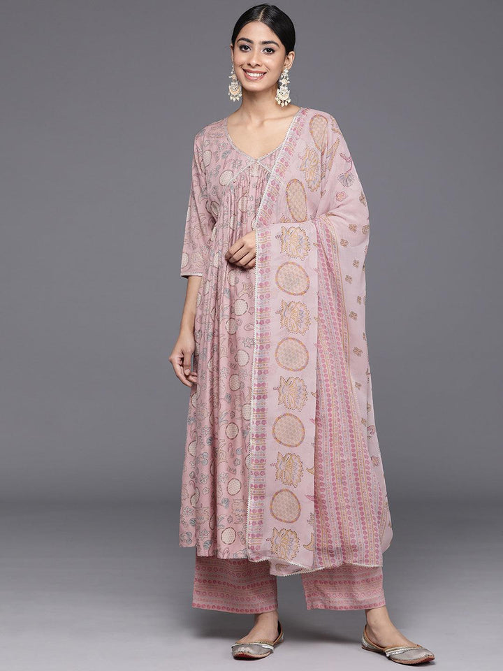 Pink Printed Silk Blend A-Line Kurta With Trousers & Dupatta - Libas