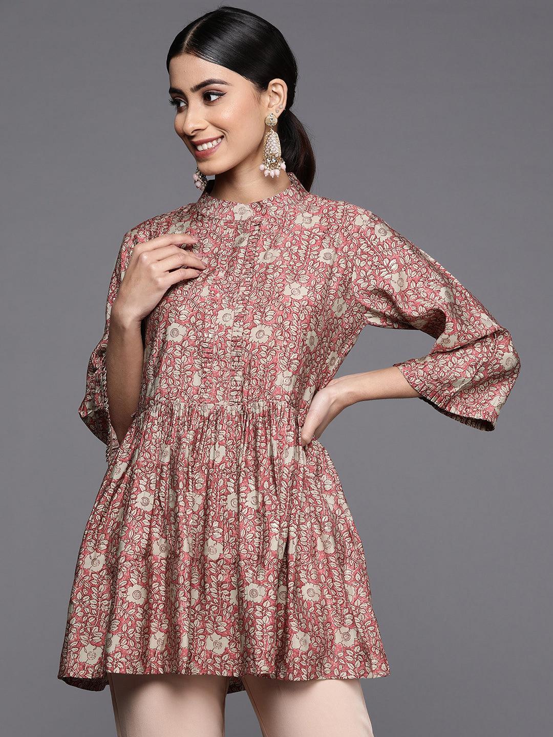 Pink Printed Silk Blend A-Line Kurti