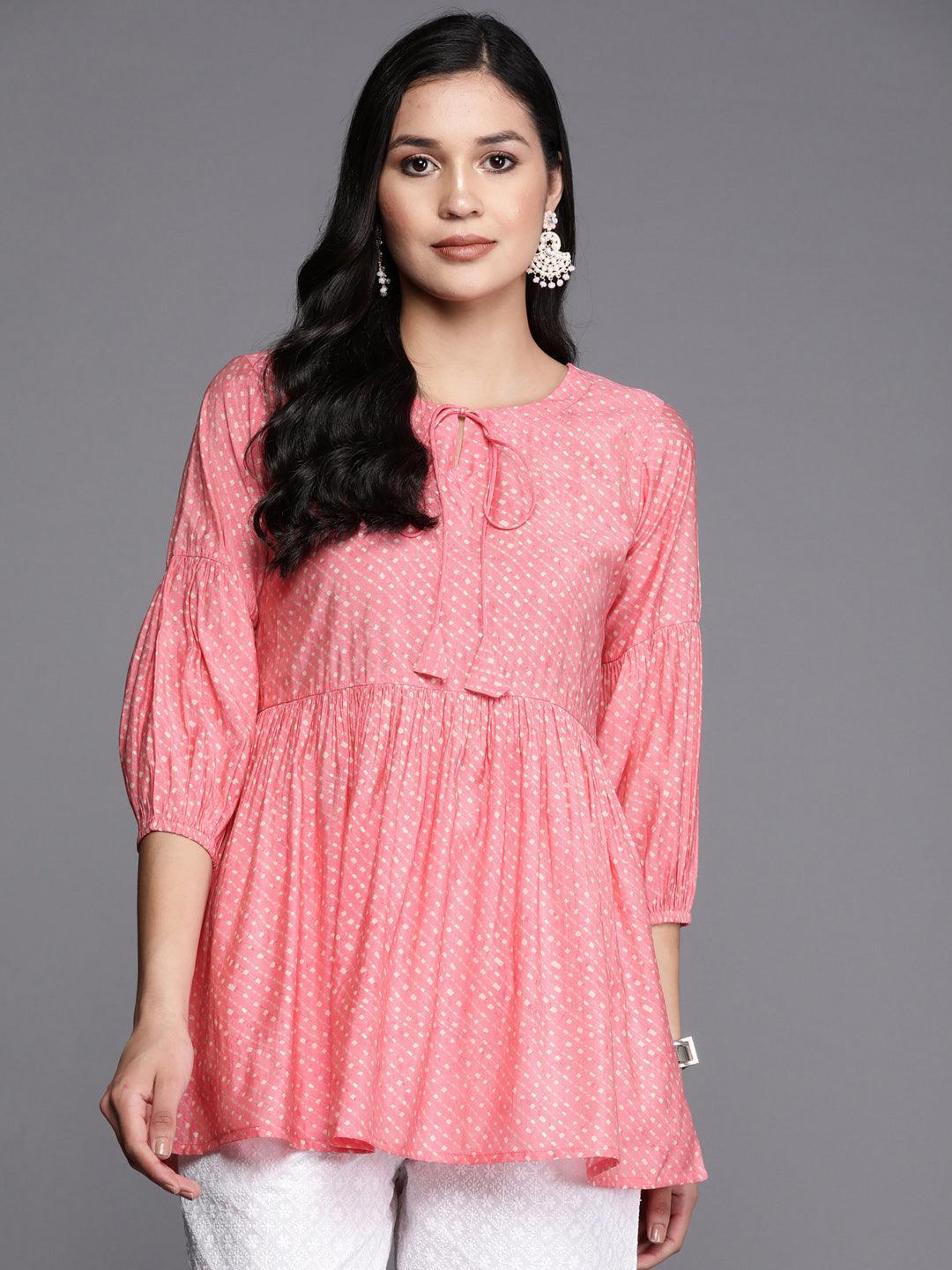 Pink Printed Silk Blend A-Line Kurti