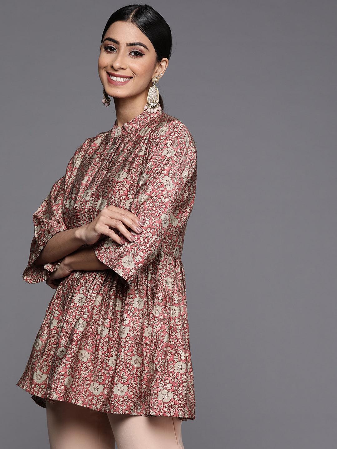 Pink Printed Silk Blend A-Line Kurti