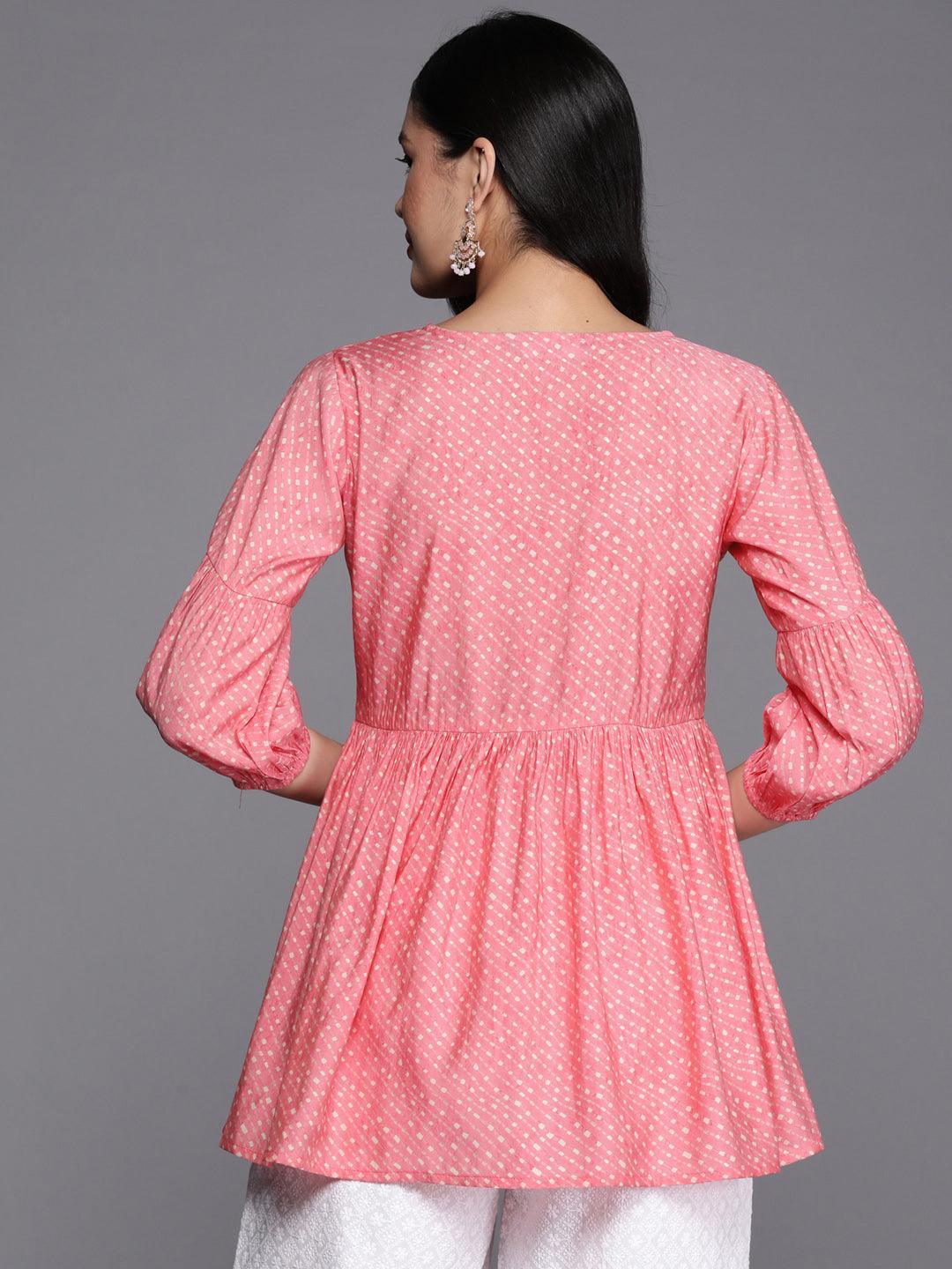 Pink Printed Silk Blend A-Line Kurti