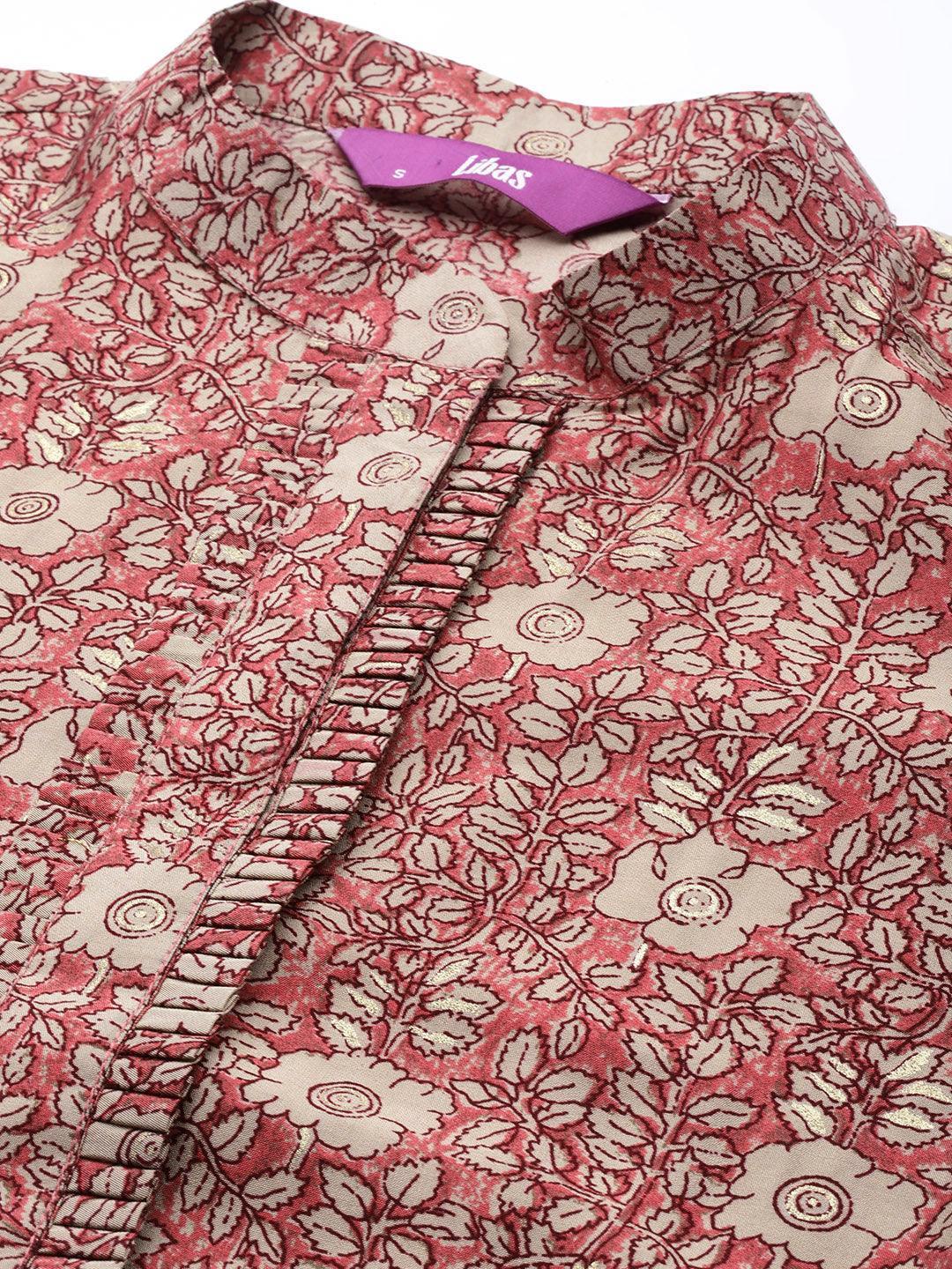 Pink Printed Silk Blend A-Line Kurti