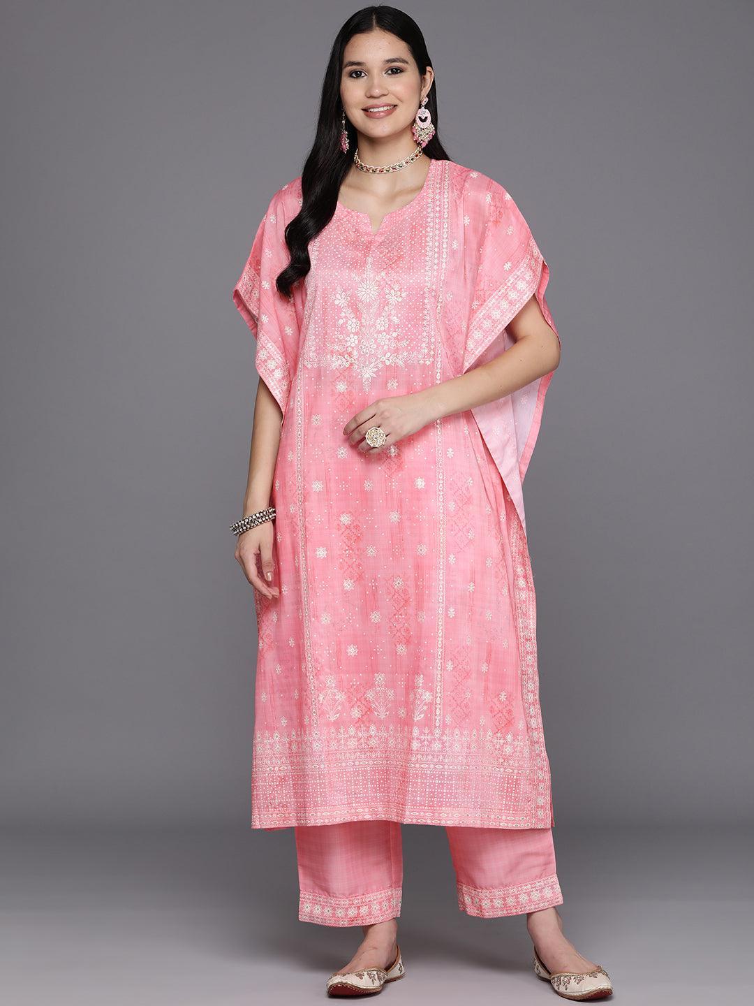 Pink Printed Silk Blend Kaftan Kaftan With Trousers