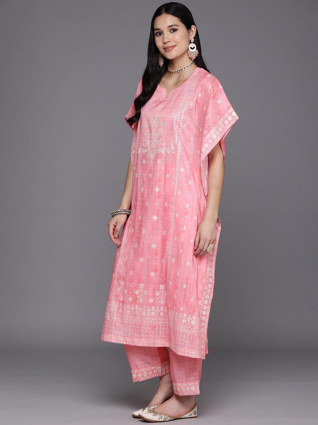 Pink Printed Silk Blend Kaftan Kaftan With Trousers