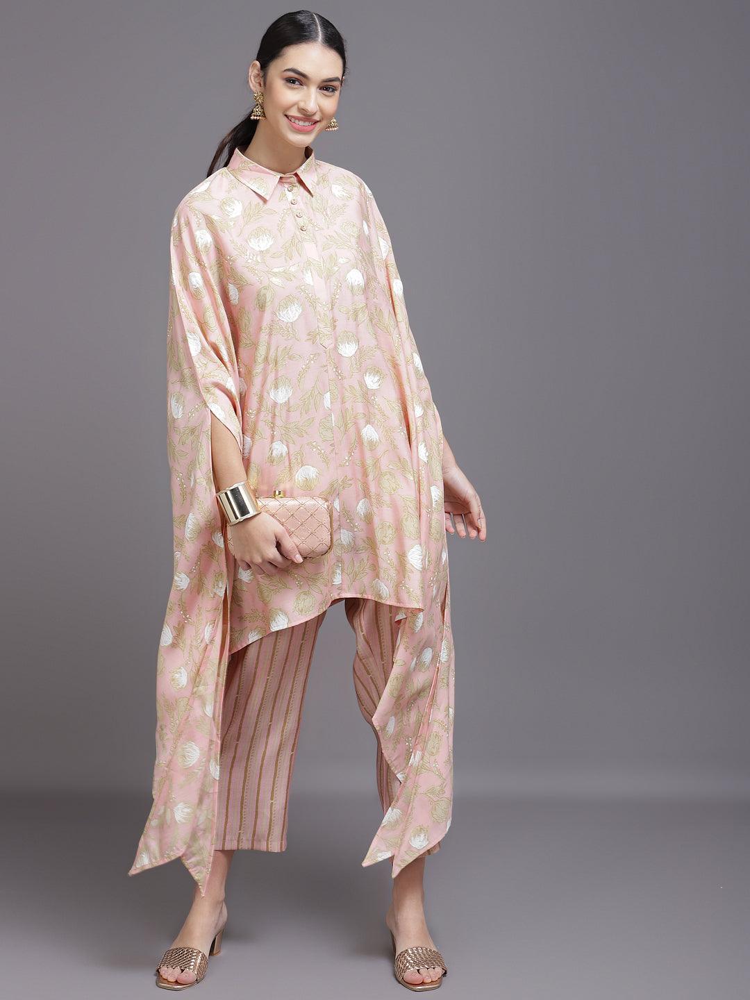 Pink Printed Silk Blend Kurta Set