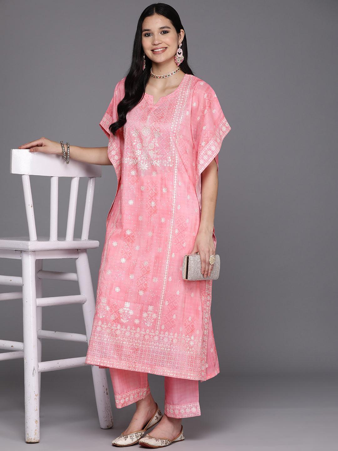 Pink Printed Silk Blend Kaftan Kaftan With Trousers