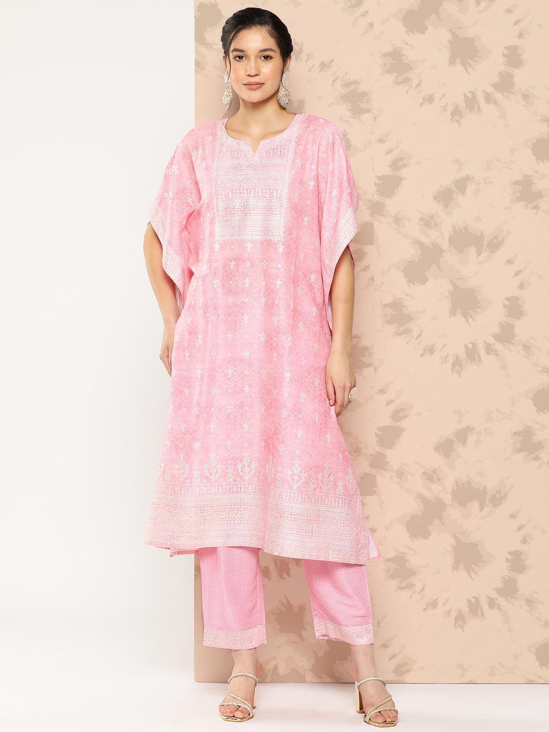 Pink Printed Silk Blend Kaftan Kurta With Trousers