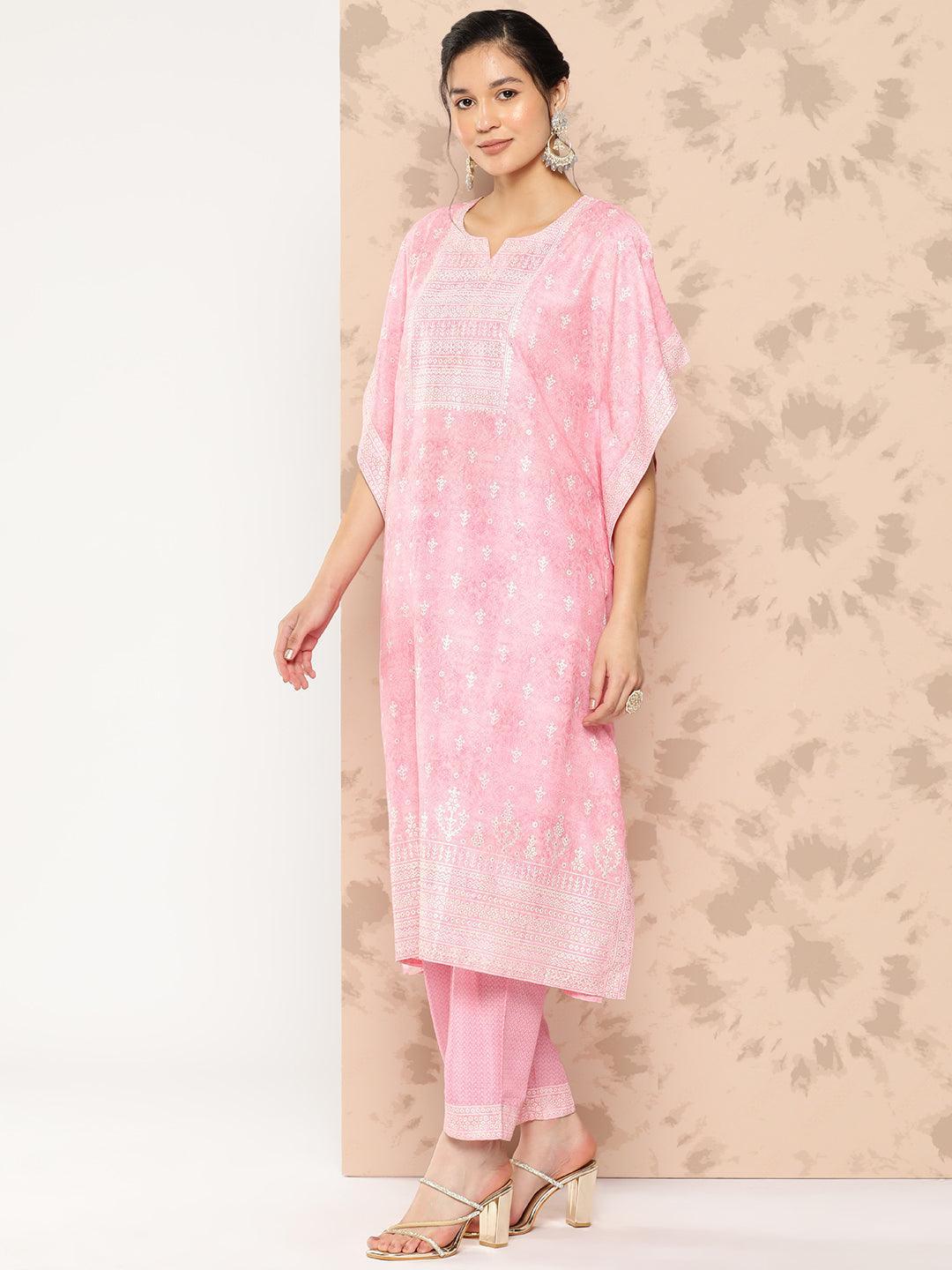 Pink Printed Silk Blend Kaftan Kurta With Trousers