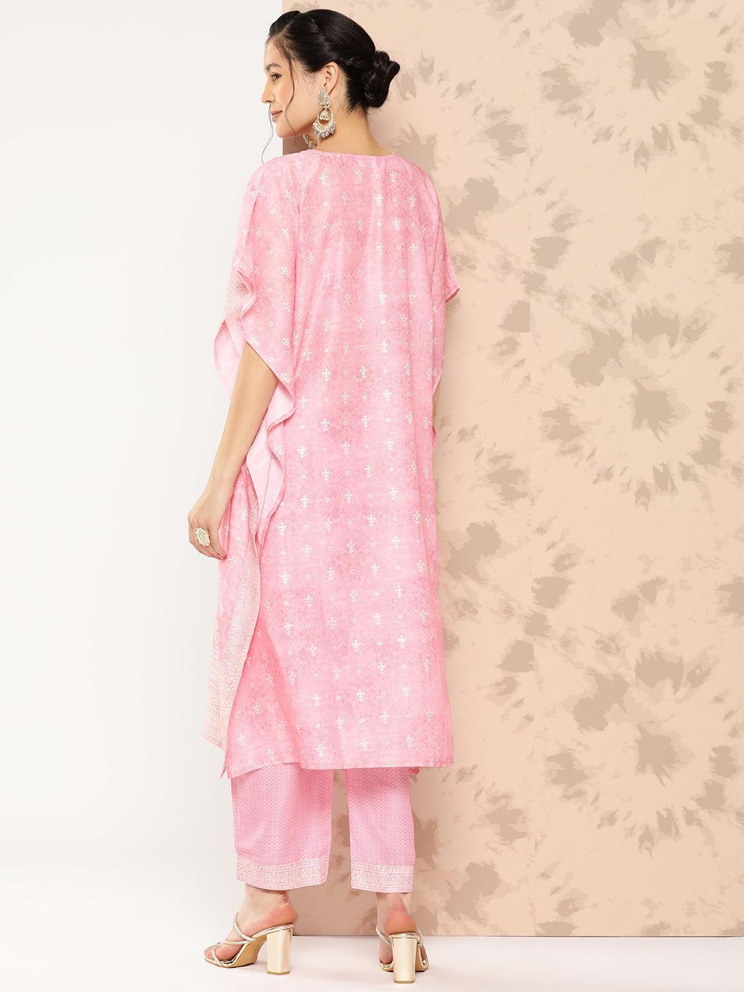 Pink Printed Silk Blend Kaftan Kurta With Trousers